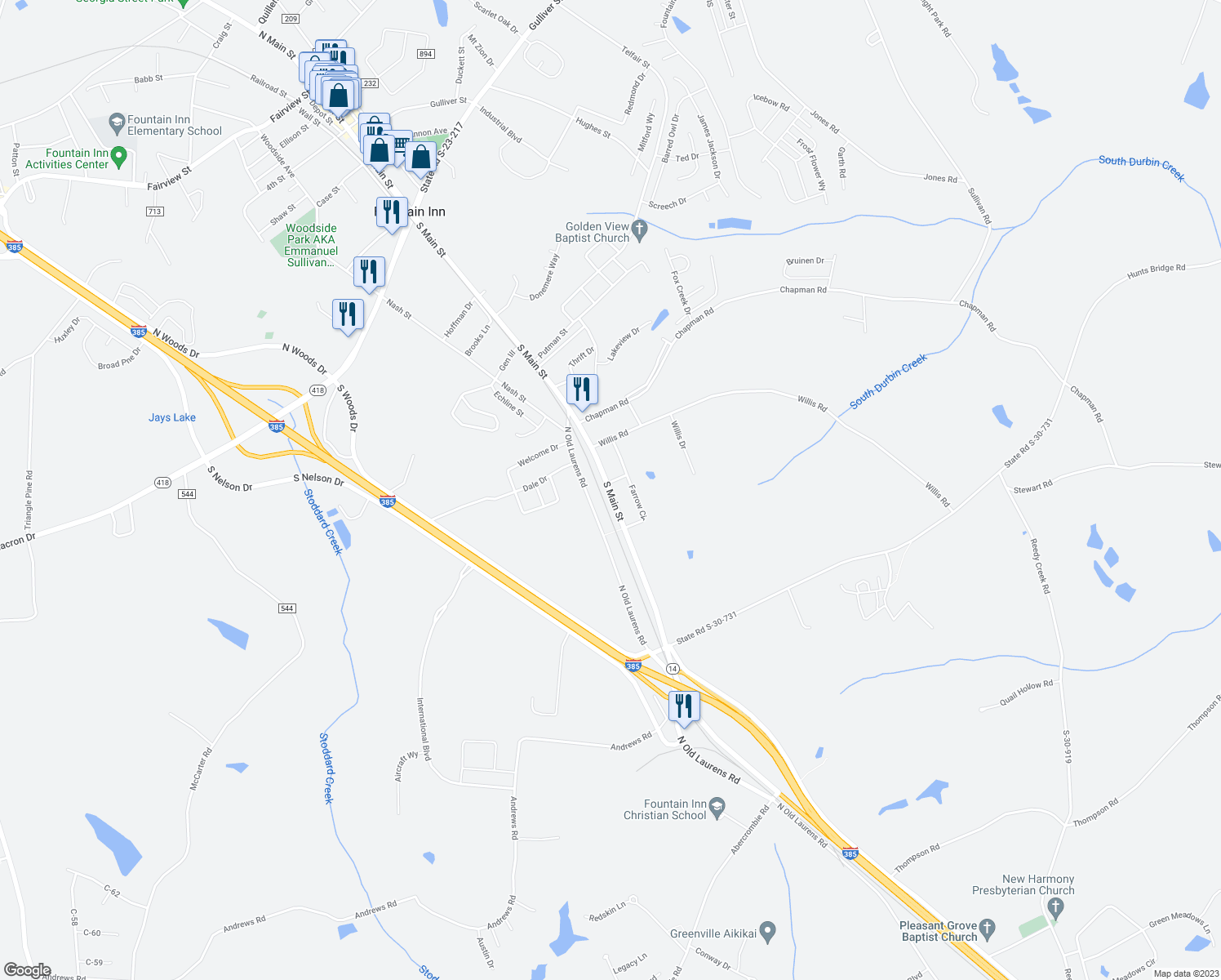 map of restaurants, bars, coffee shops, grocery stores, and more near 1303 South Main Street in Fountain Inn