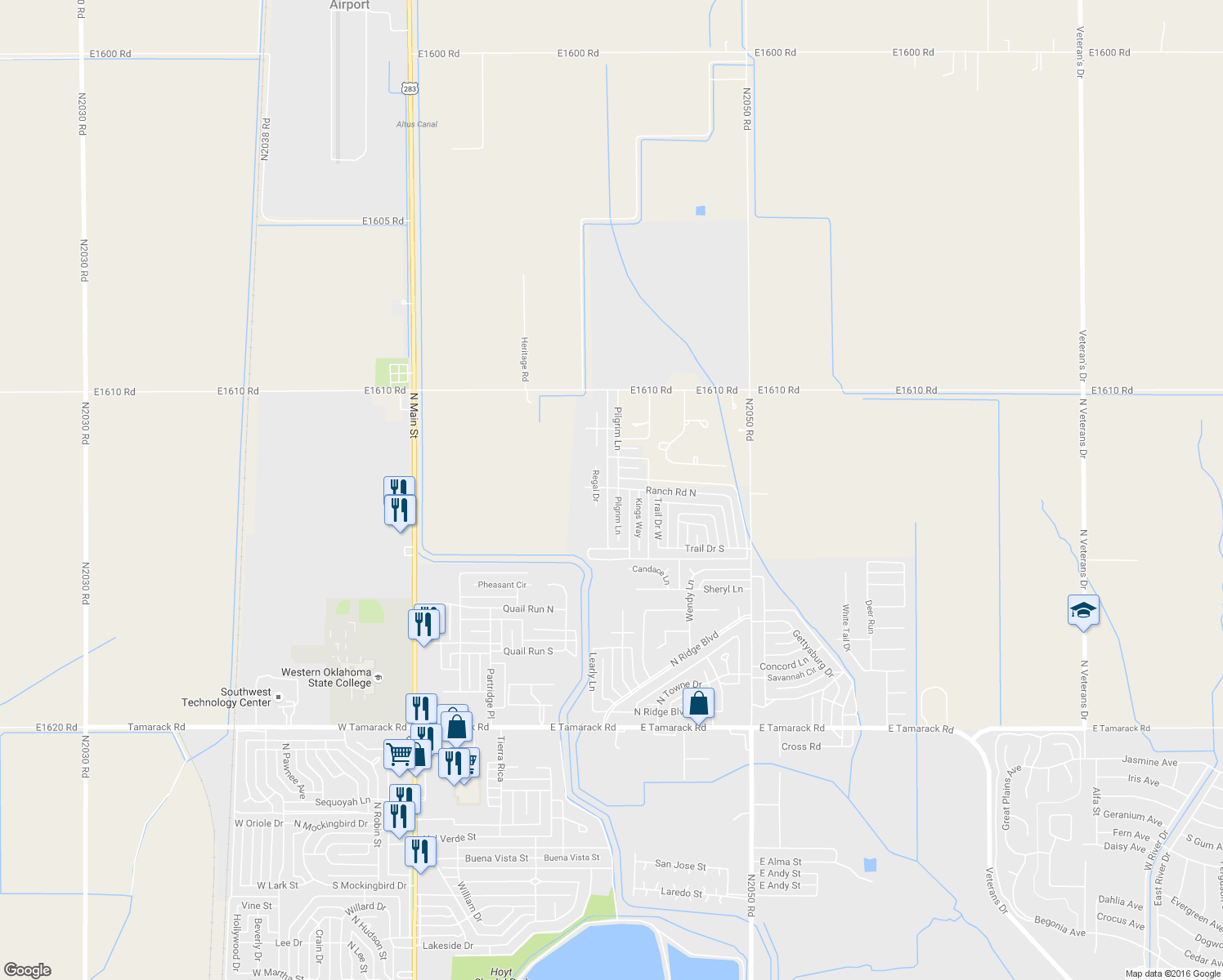 map of restaurants, bars, coffee shops, grocery stores, and more near 3617 Pilgrim Lane in Altus