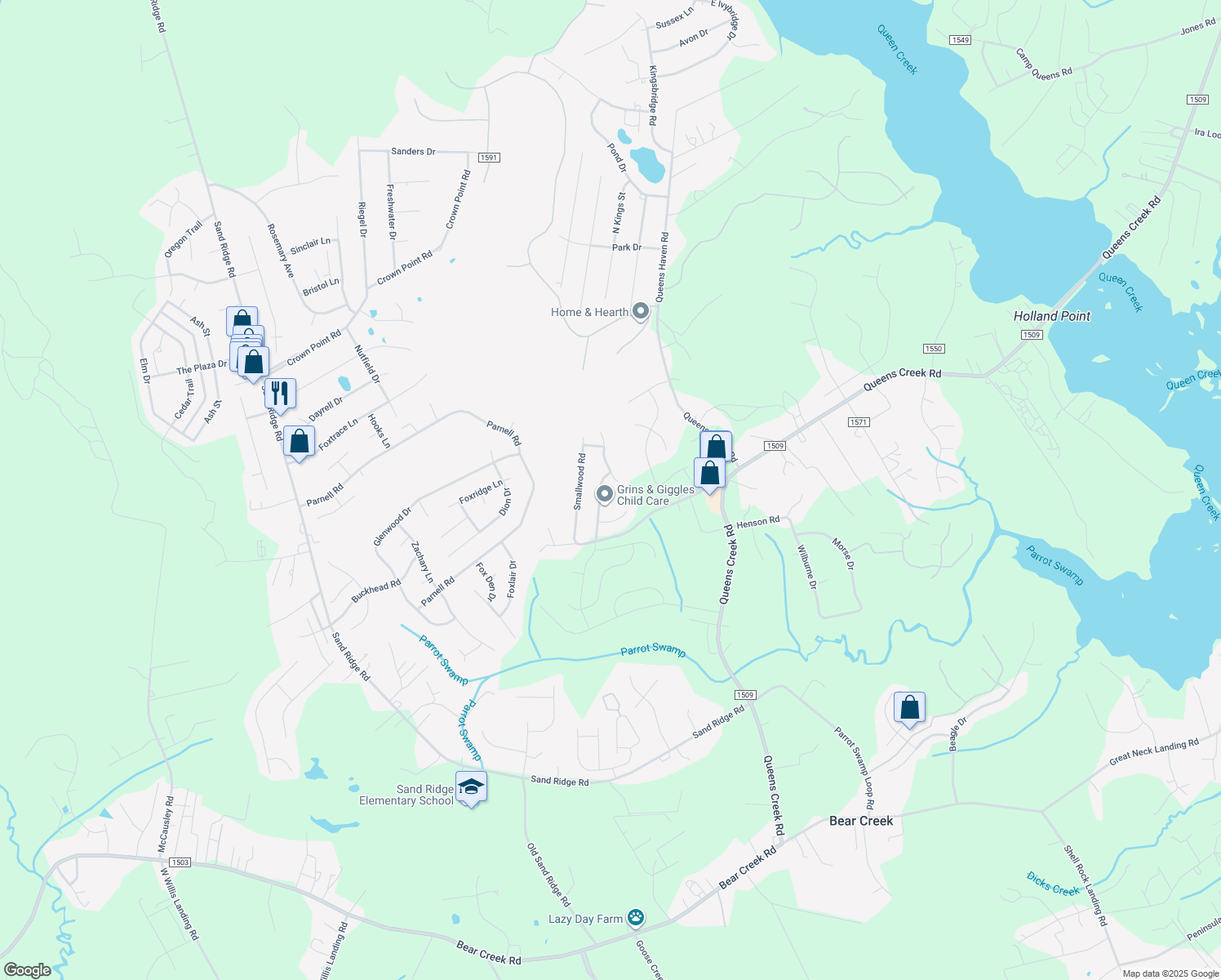map of restaurants, bars, coffee shops, grocery stores, and more near 114 Gamble Way in Hubert