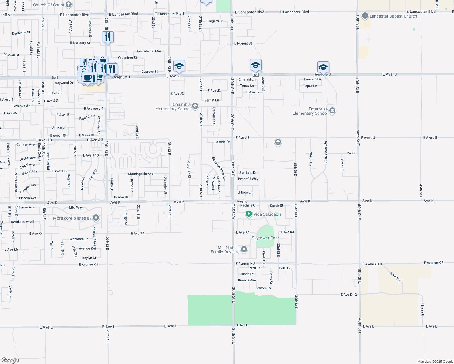 map of restaurants, bars, coffee shops, grocery stores, and more near 43716 San Francisco Avenue in Lancaster