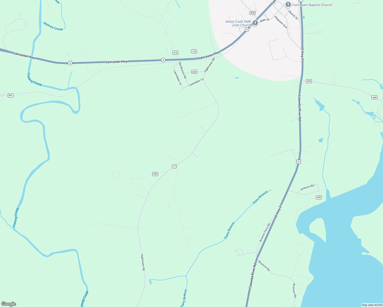 map of restaurants, bars, coffee shops, grocery stores, and more near 5882 Hightower Road in Fort Lawn