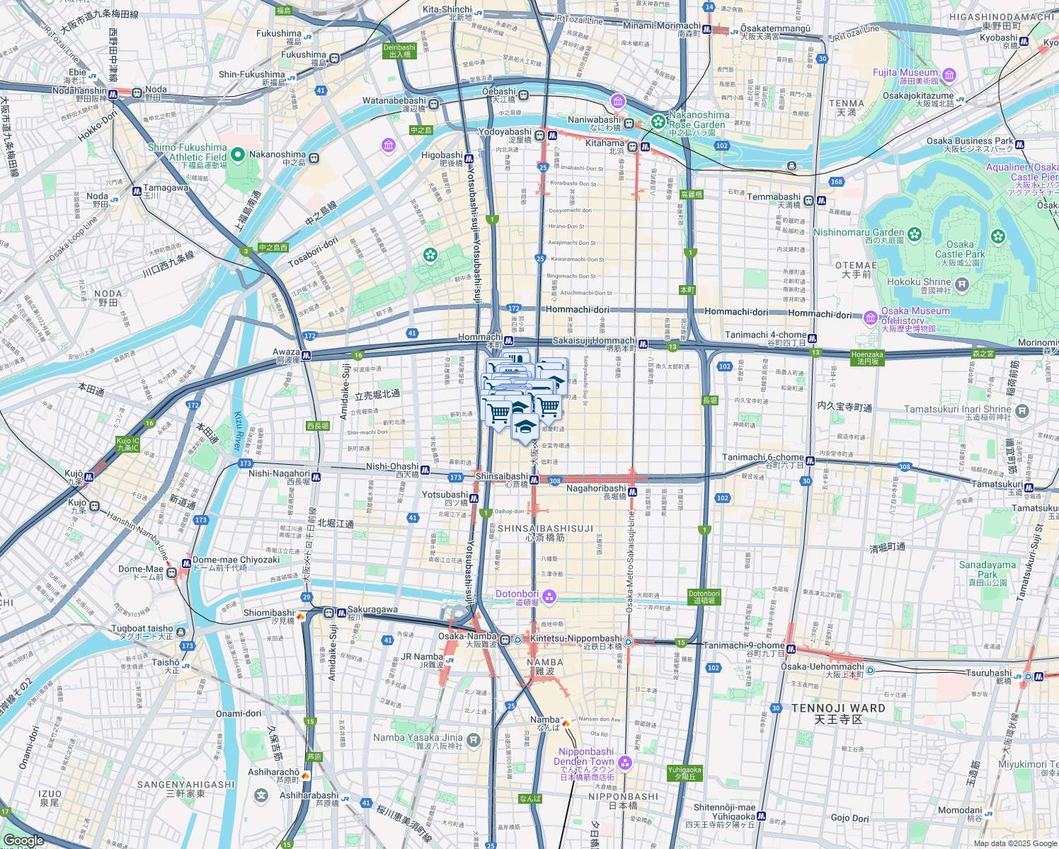 map of restaurants, bars, coffee shops, grocery stores, and more near in Osaka