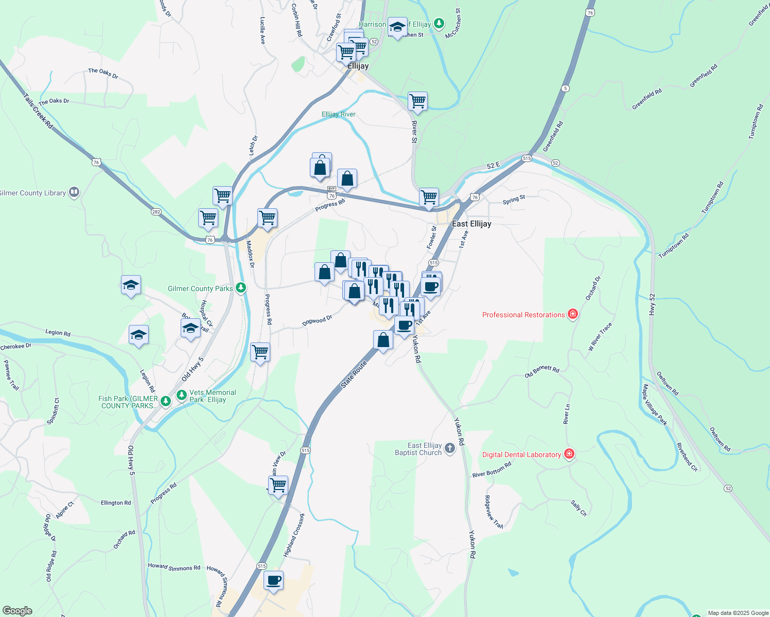 map of restaurants, bars, coffee shops, grocery stores, and more near 772 Maddox Dr in East Ellijay