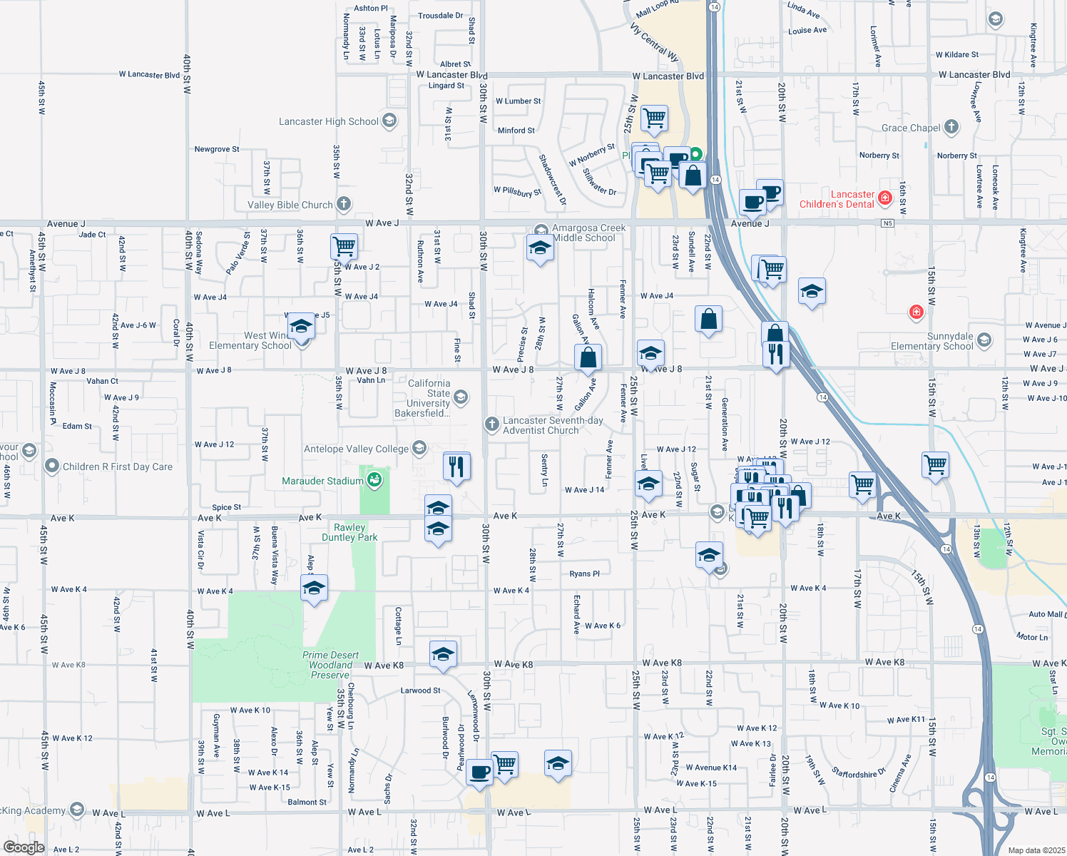 map of restaurants, bars, coffee shops, grocery stores, and more near 2747 Wilson Court in Lancaster