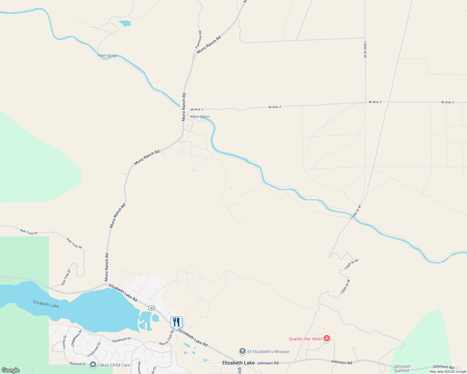 map of restaurants, bars, coffee shops, grocery stores, and more near 44132 Munz Ranch Road in Lake Hughes