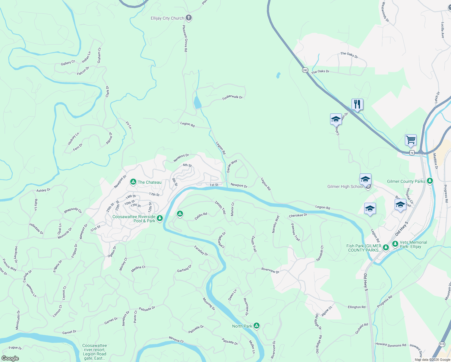 map of restaurants, bars, coffee shops, grocery stores, and more near 2868 Newport Drive in Ellijay