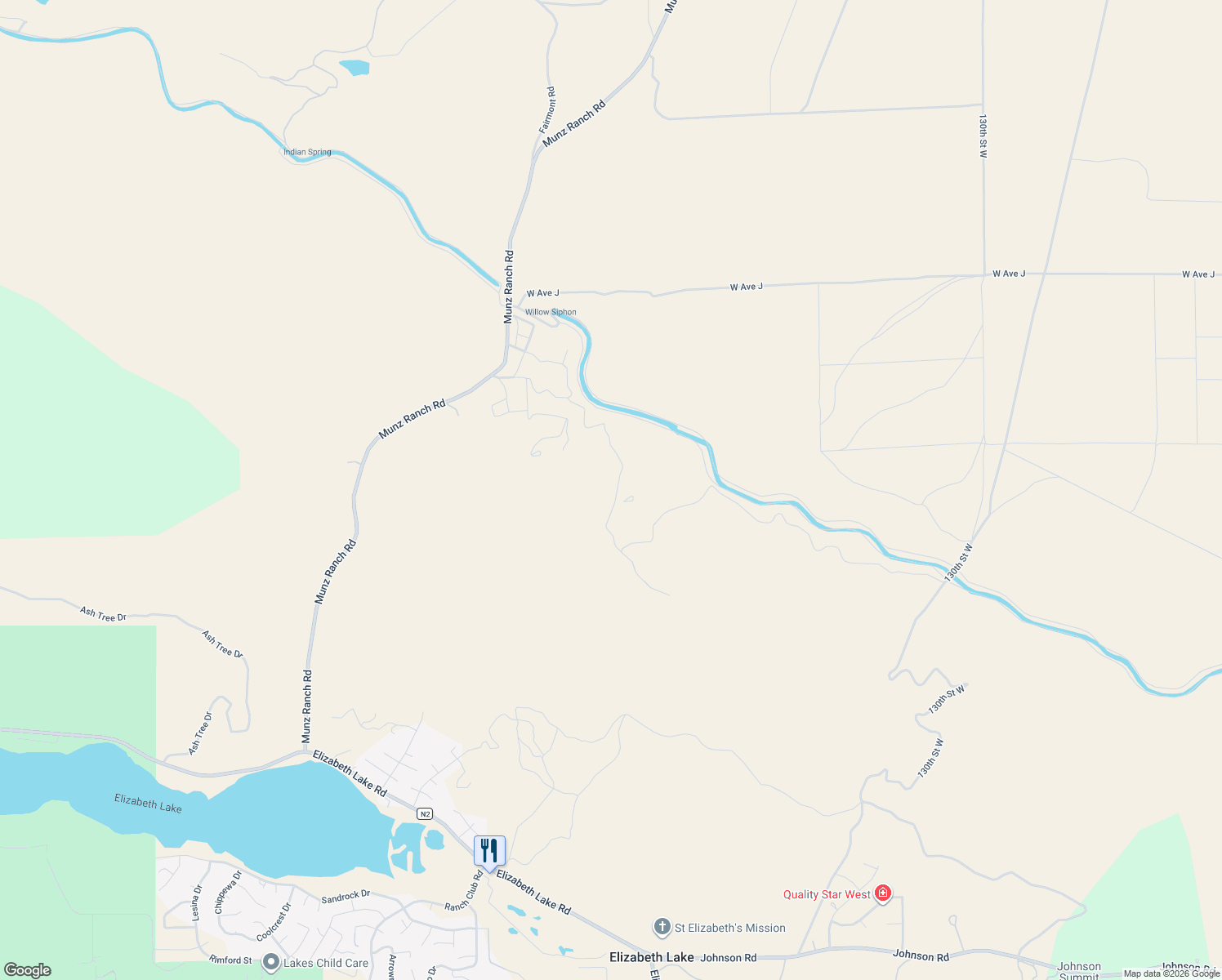 map of restaurants, bars, coffee shops, grocery stores, and more near 44132 Munz Ranch Road in Lake Hughes