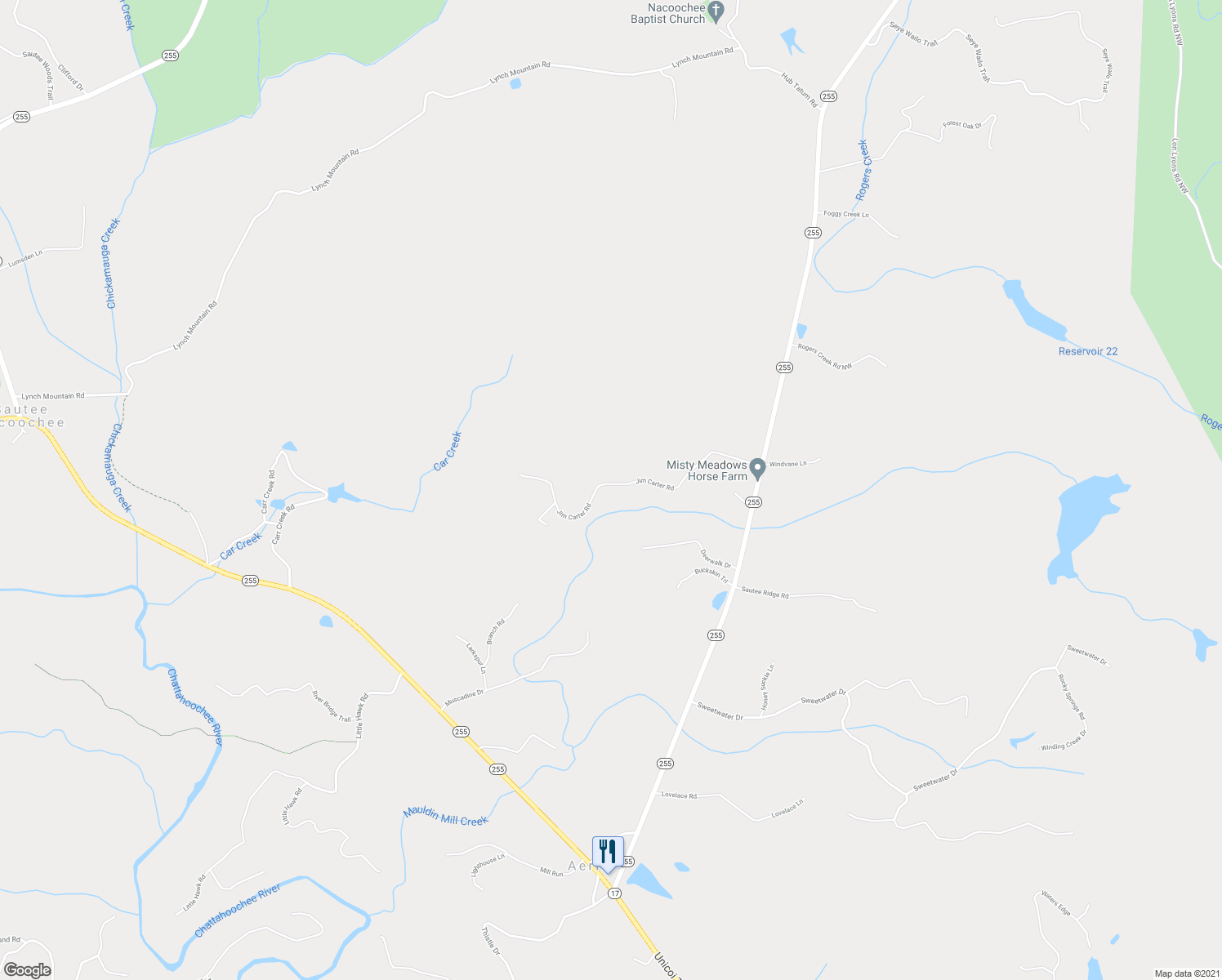 map of restaurants, bars, coffee shops, grocery stores, and more near 491 Jim Carter Road in Clarkesville