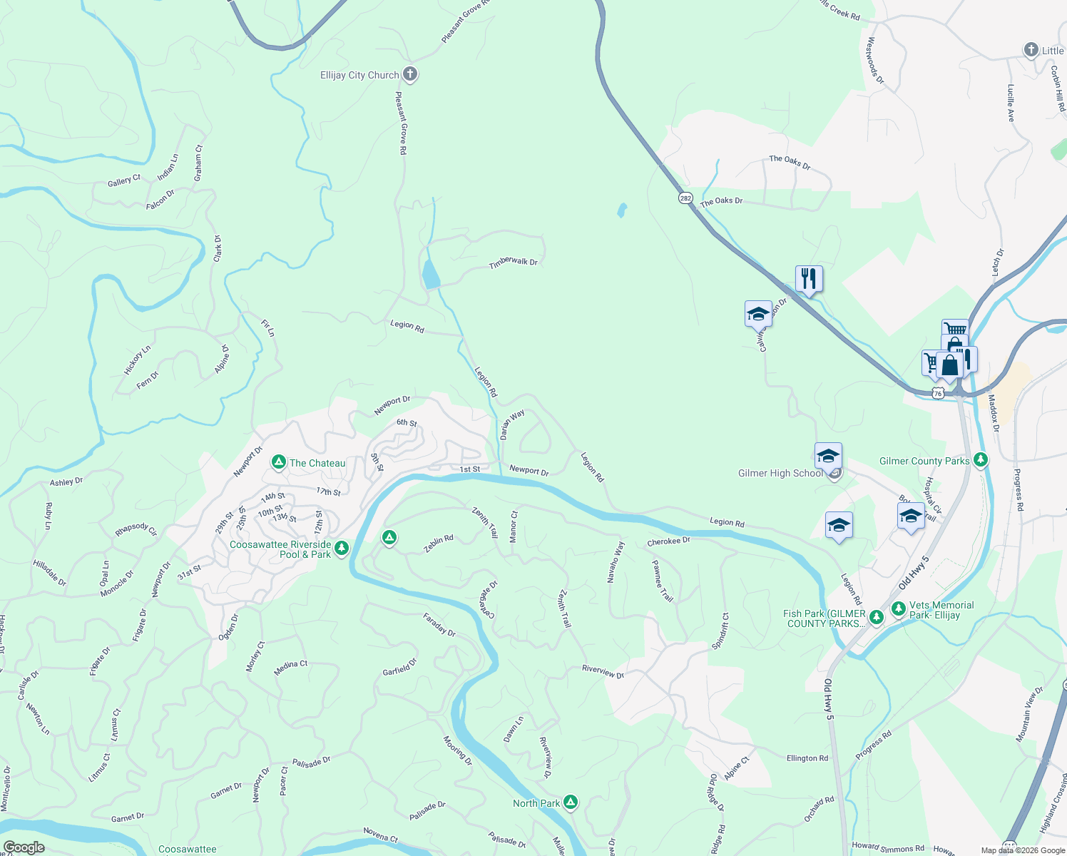 map of restaurants, bars, coffee shops, grocery stores, and more near Darian Way in Ellijay