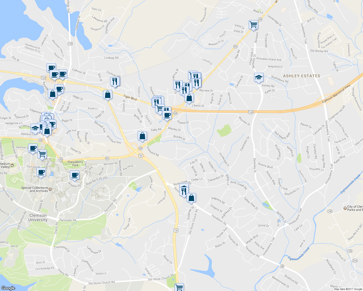map of restaurants, bars, coffee shops, grocery stores, and more near 117 Roslyn Drive in Clemson