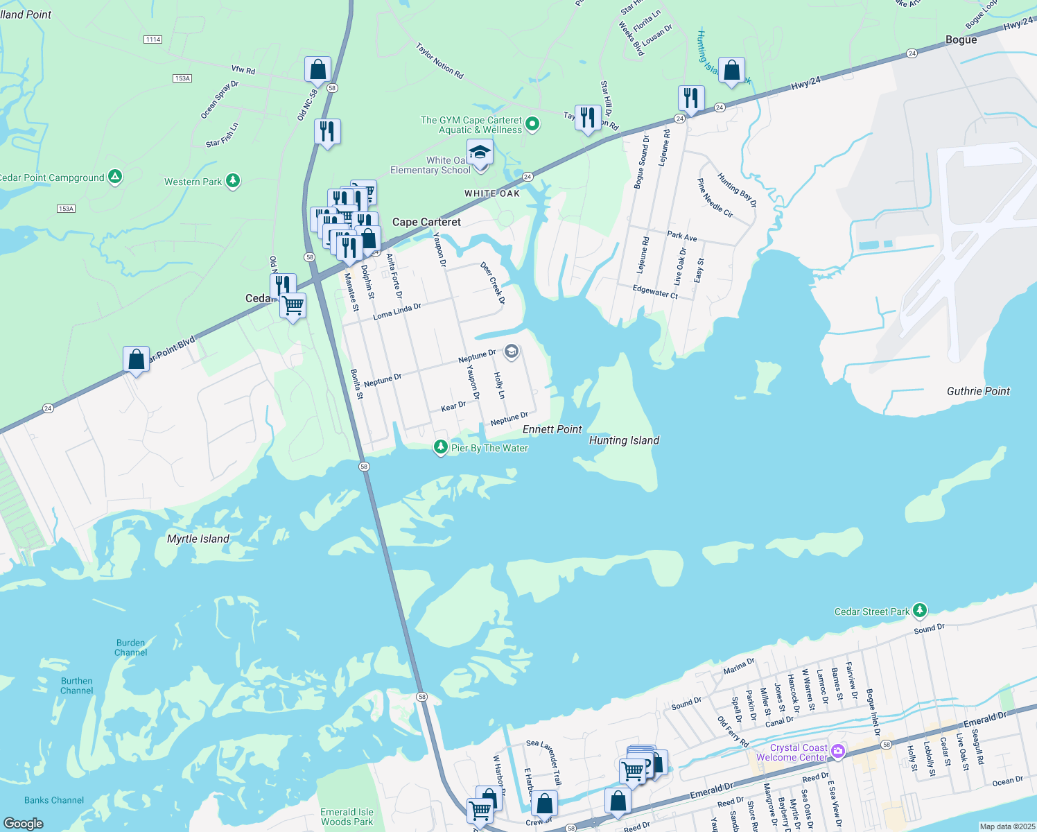 map of restaurants, bars, coffee shops, grocery stores, and more near 557 Neptune Dr in Cape Carteret