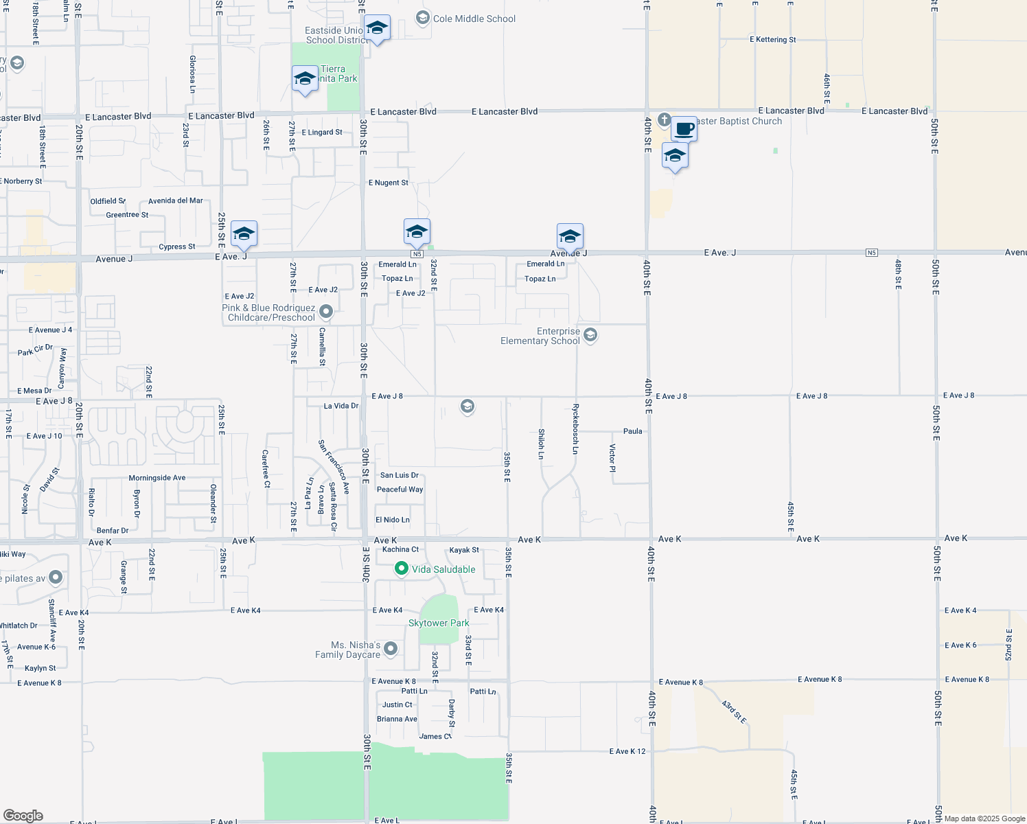 map of restaurants, bars, coffee shops, grocery stores, and more near 43932 35th Street East in Lancaster
