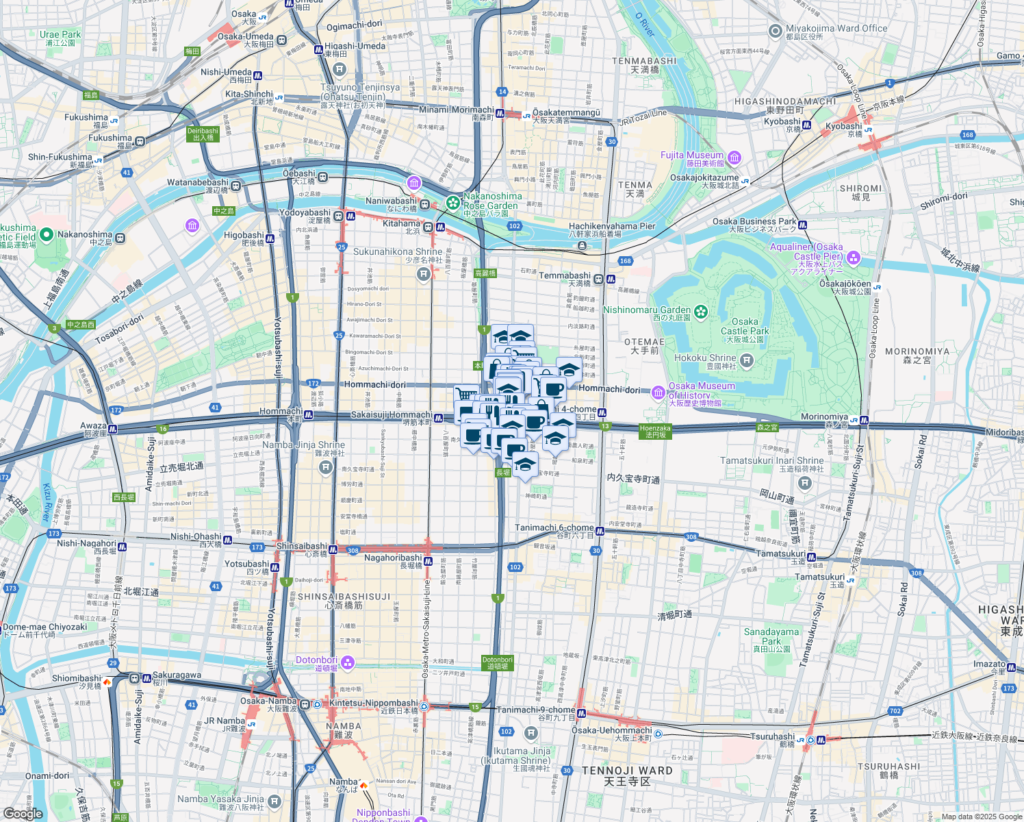 map of restaurants, bars, coffee shops, grocery stores, and more near Hanshin Expressway Route 1 Loop Route in Ōsaka-shi
