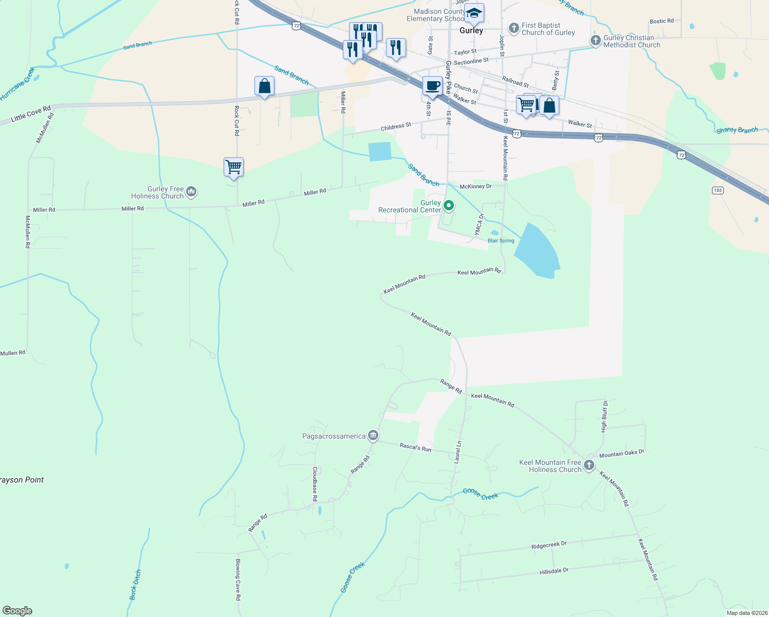 map of restaurants, bars, coffee shops, grocery stores, and more near 619 Keel Mountain Road in Gurley