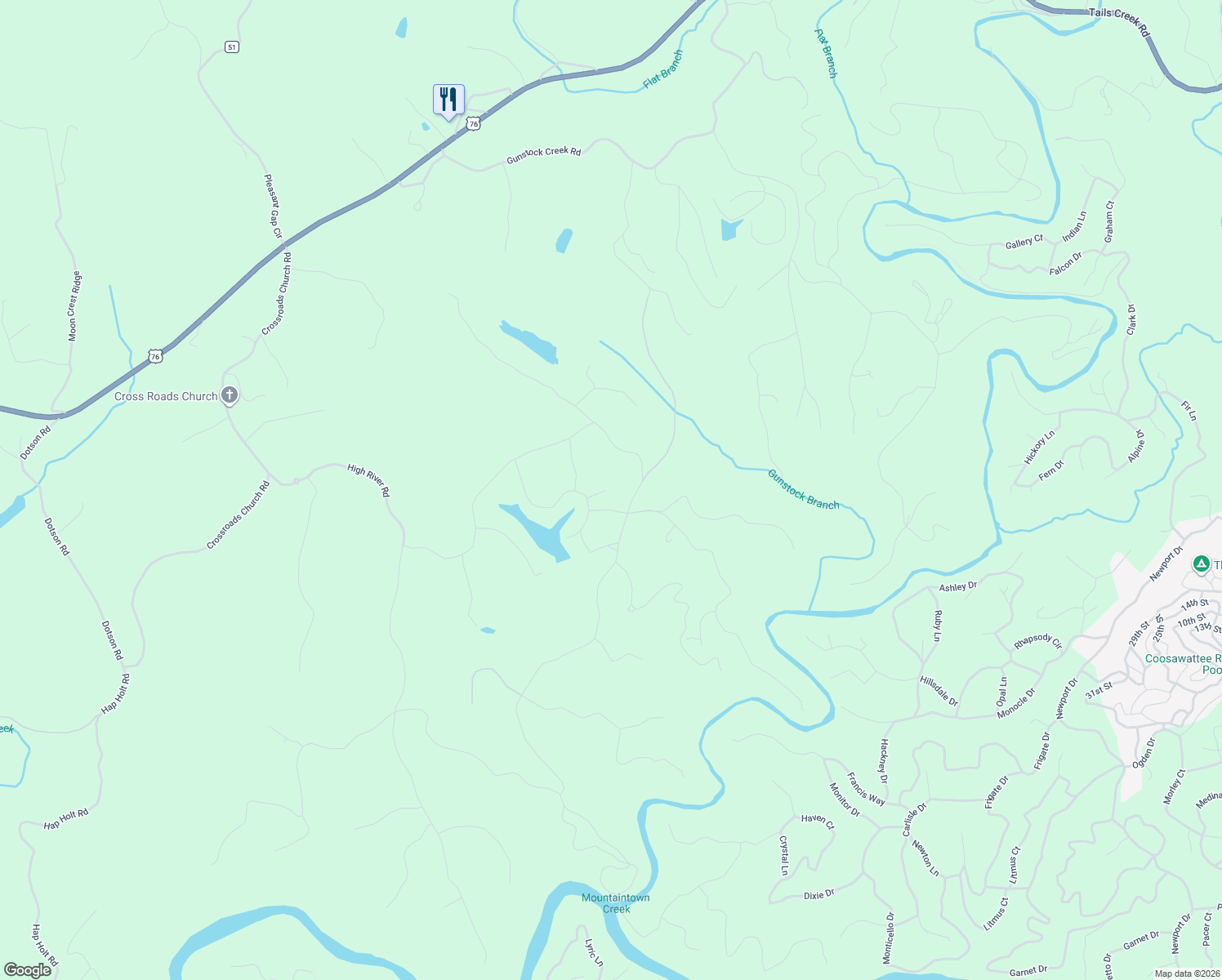 map of restaurants, bars, coffee shops, grocery stores, and more near 40 Heritage Way in Ellijay