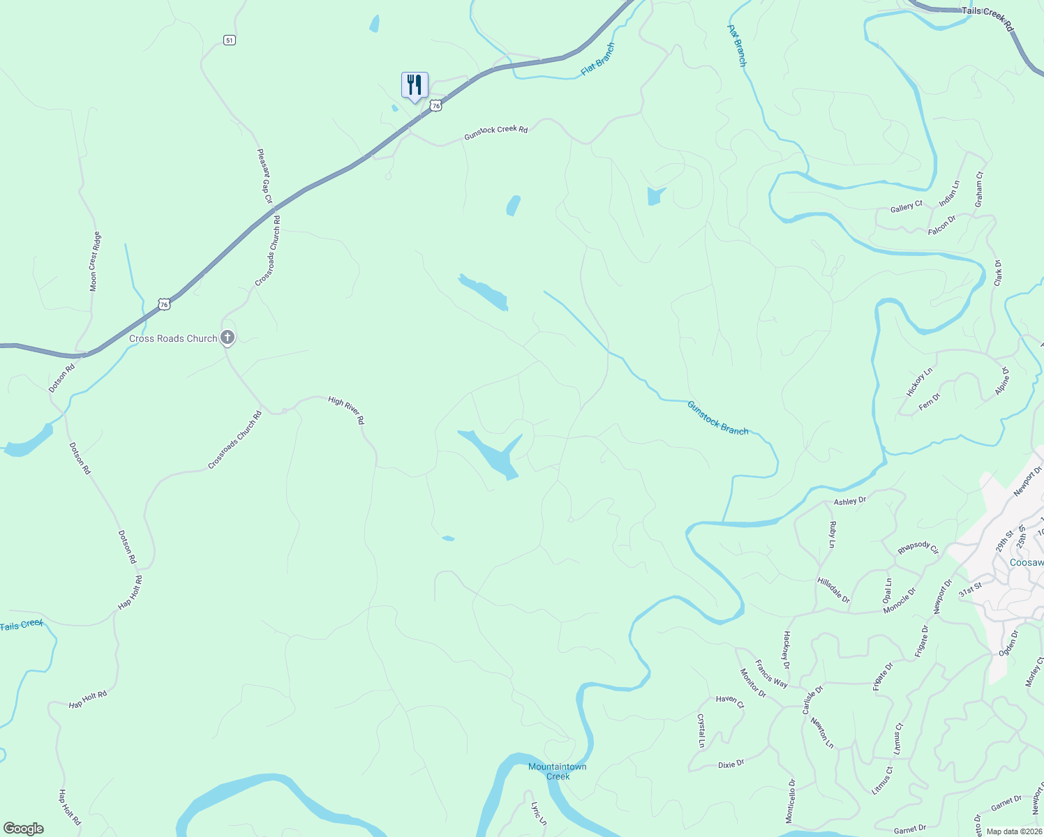 map of restaurants, bars, coffee shops, grocery stores, and more near 40 Heritage Way in Ellijay