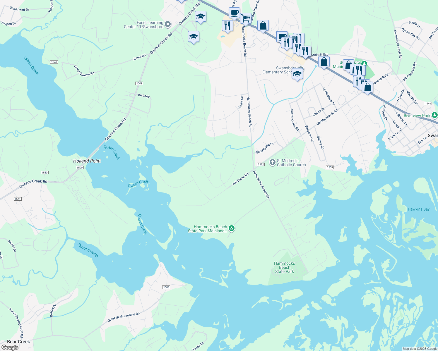 map of restaurants, bars, coffee shops, grocery stores, and more near 109 Halls Creek Drive in Swansboro