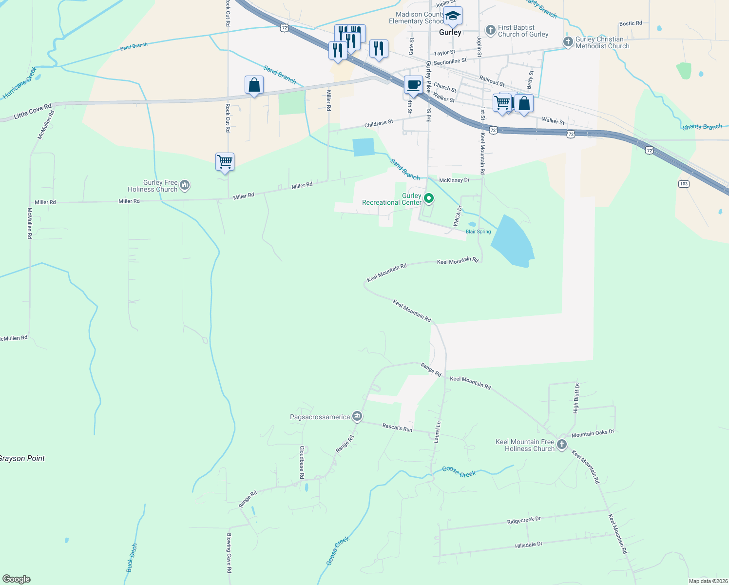 map of restaurants, bars, coffee shops, grocery stores, and more near 619 Keel Mountain Road in Gurley