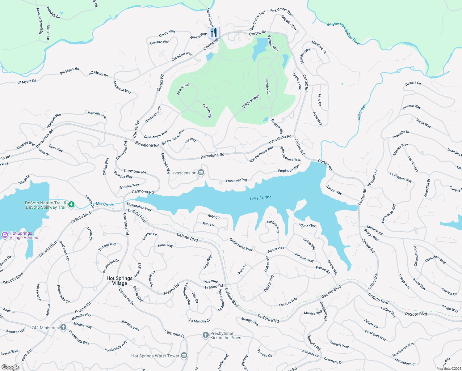 map of restaurants, bars, coffee shops, grocery stores, and more near 73 Empinado Way in Hot Springs