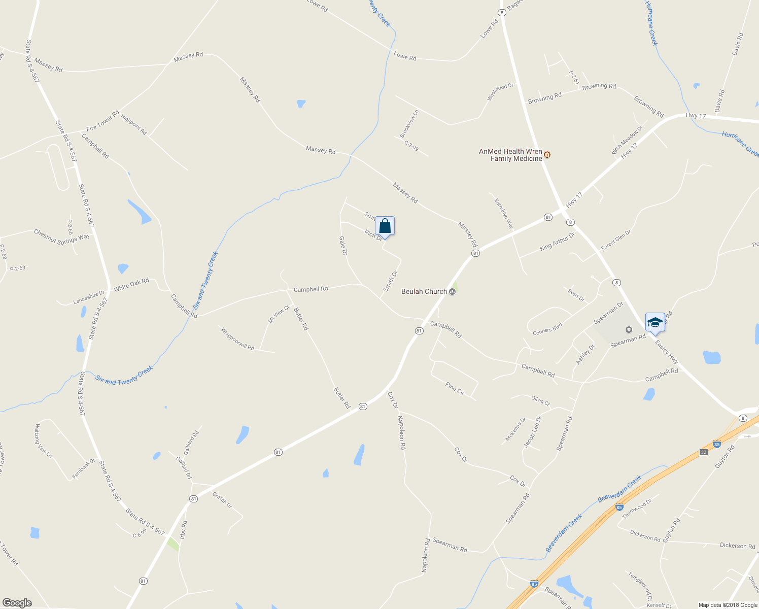 map of restaurants, bars, coffee shops, grocery stores, and more near 675 Campbell Road in Pelzer