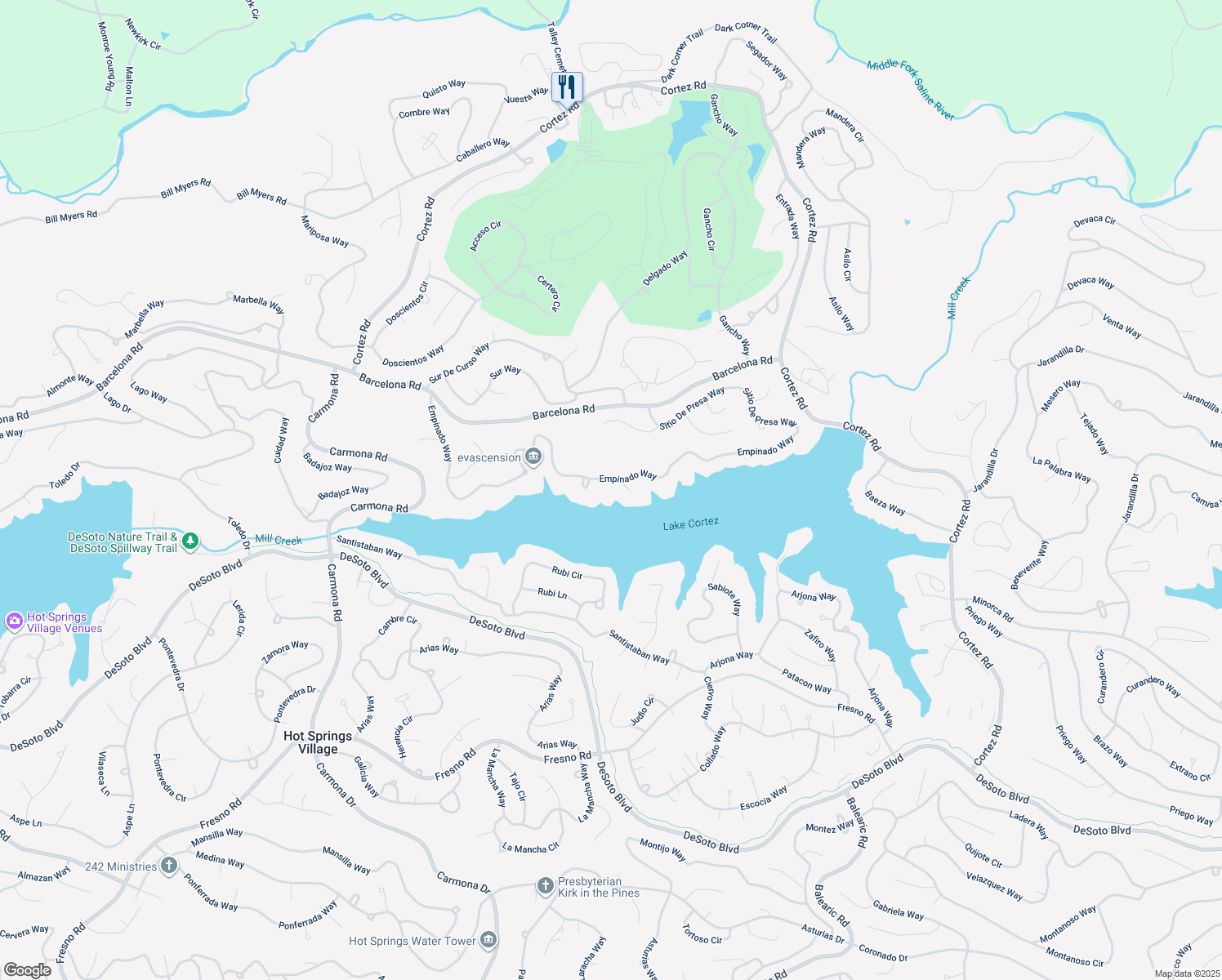 map of restaurants, bars, coffee shops, grocery stores, and more near 73 Empinado Way in Hot Springs