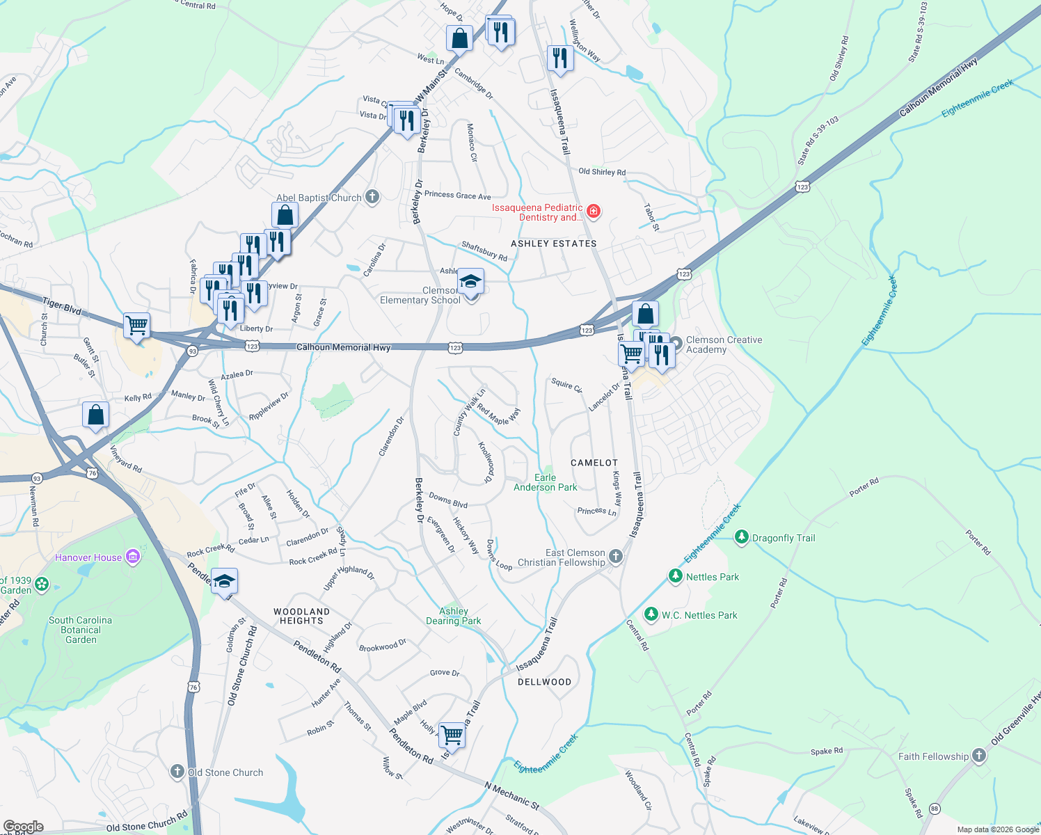 map of restaurants, bars, coffee shops, grocery stores, and more near 200 Red Maple Way in Clemson