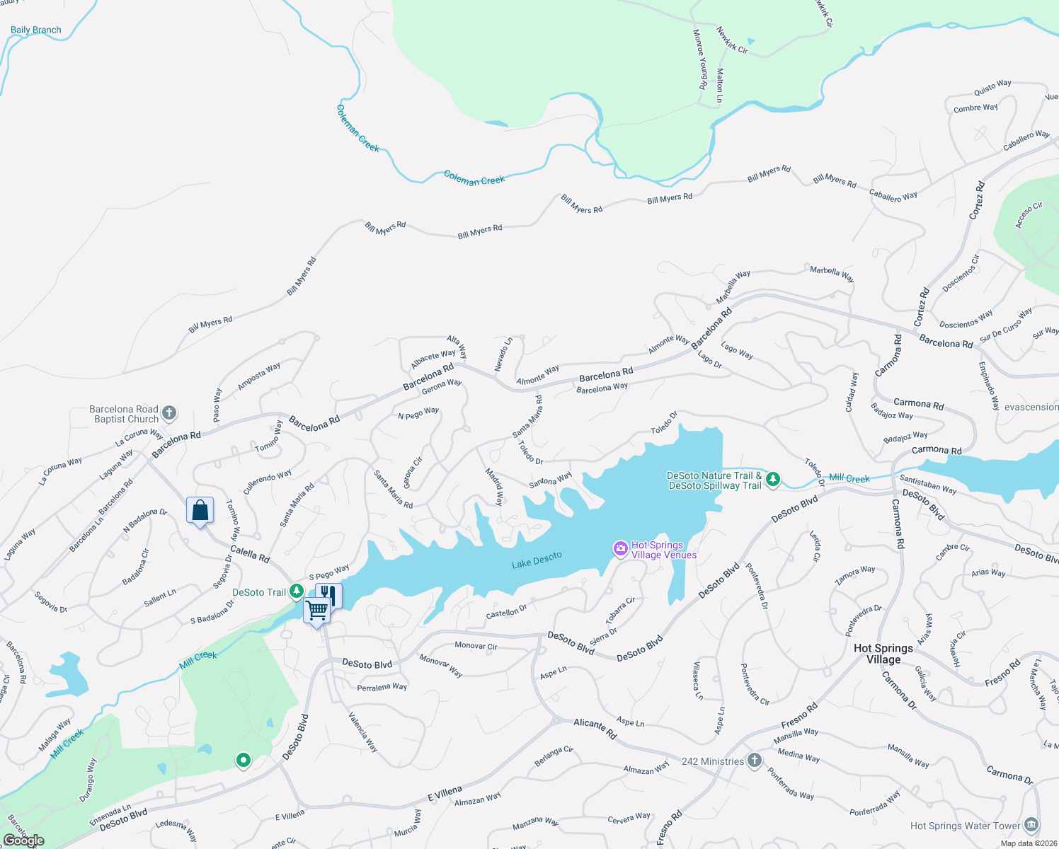 map of restaurants, bars, coffee shops, grocery stores, and more near 15 Alarcon Way in Hot Springs Village