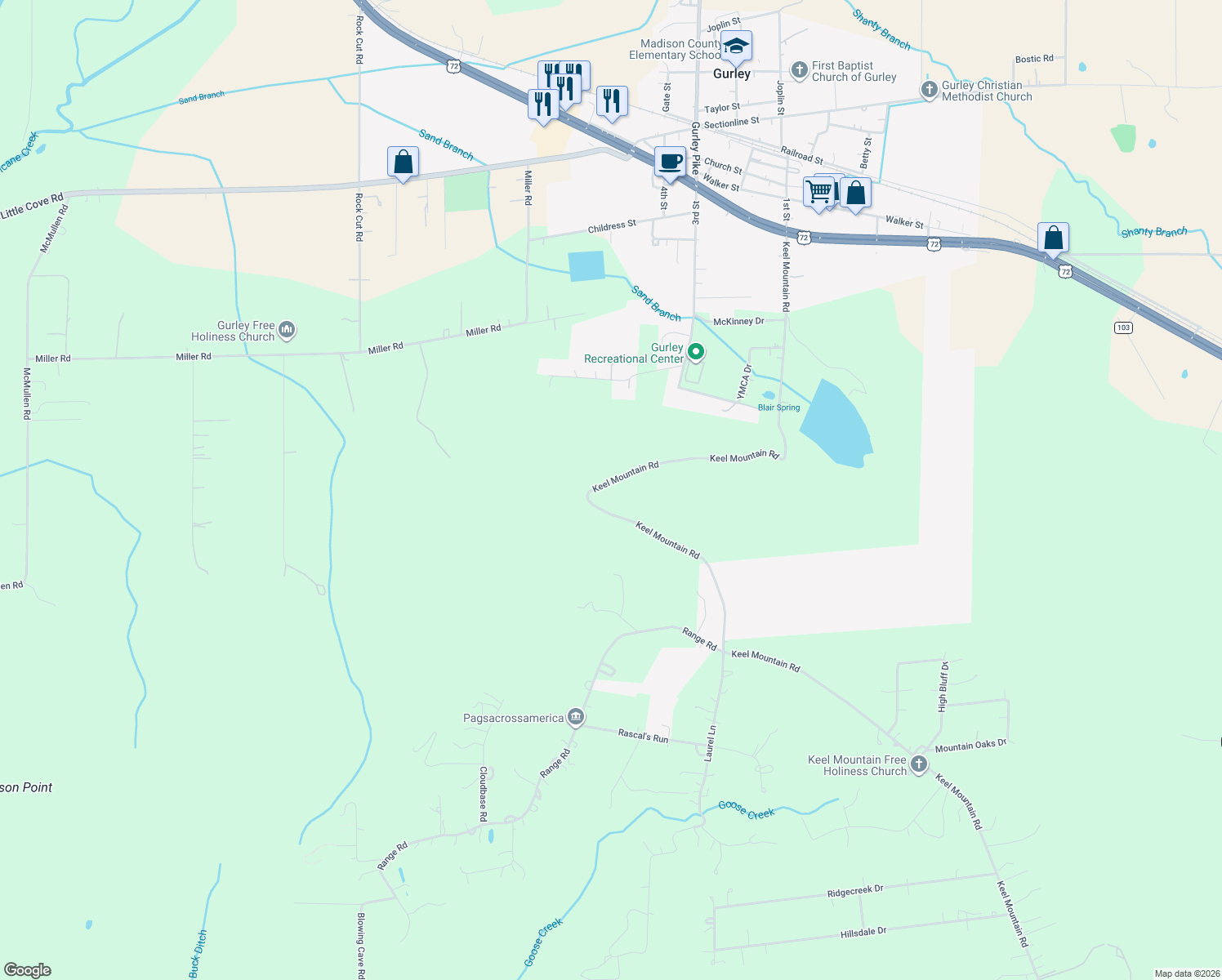 map of restaurants, bars, coffee shops, grocery stores, and more near 619 Keel Mountain Road in Gurley