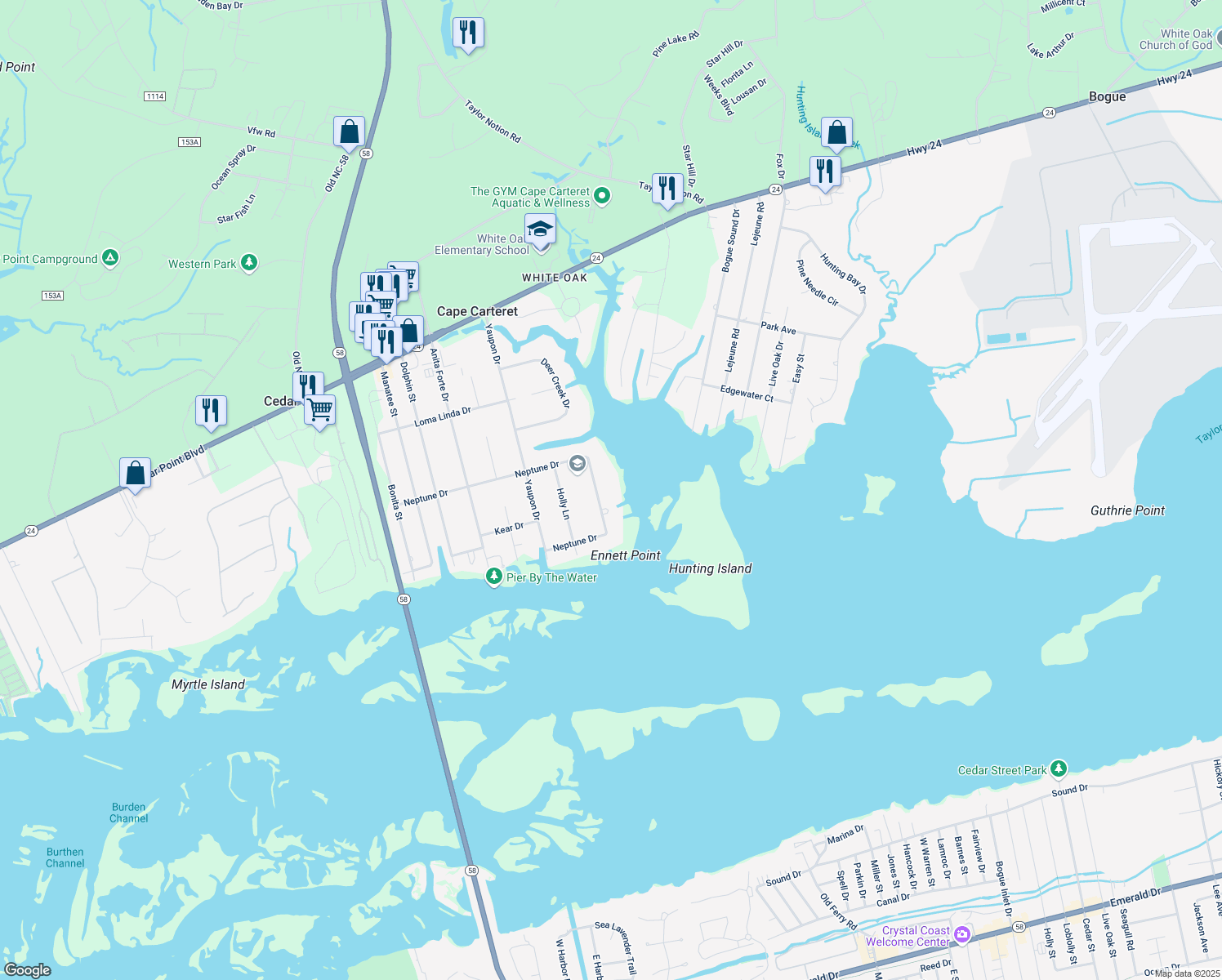 map of restaurants, bars, coffee shops, grocery stores, and more near 533 Neptune Drive in Cape Carteret