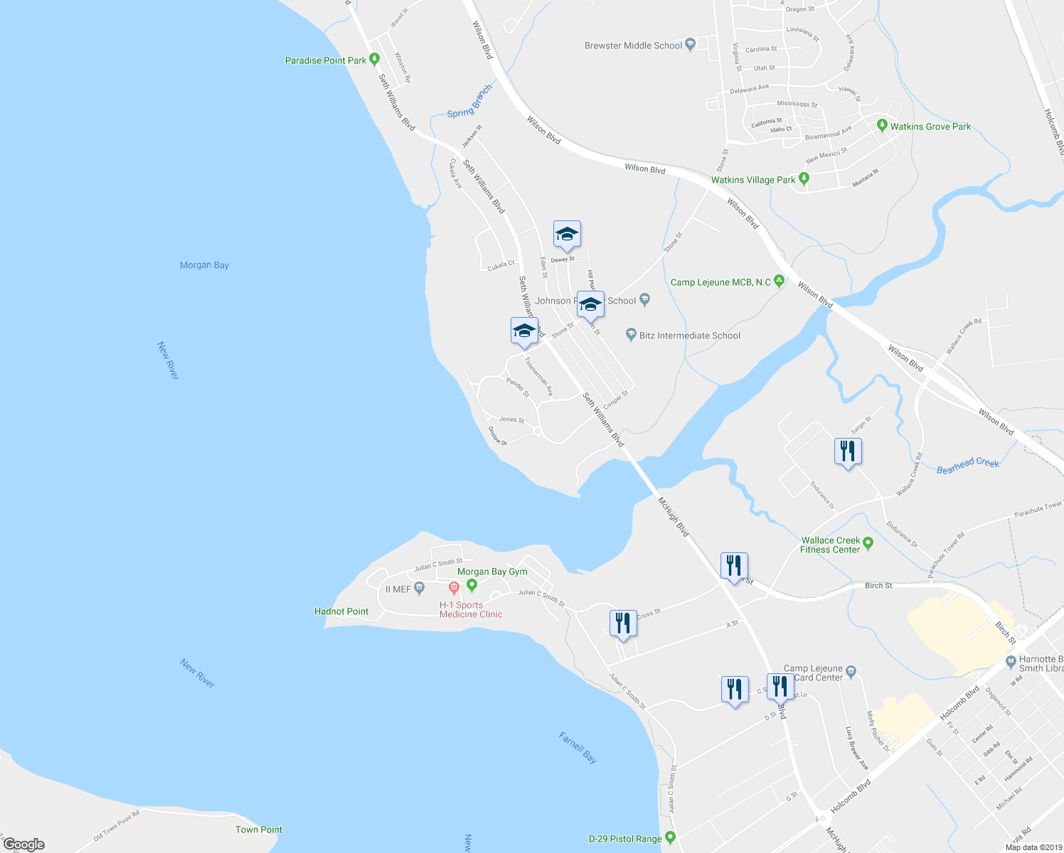 map of restaurants, bars, coffee shops, grocery stores, and more near Jones Street in Camp Lejeune