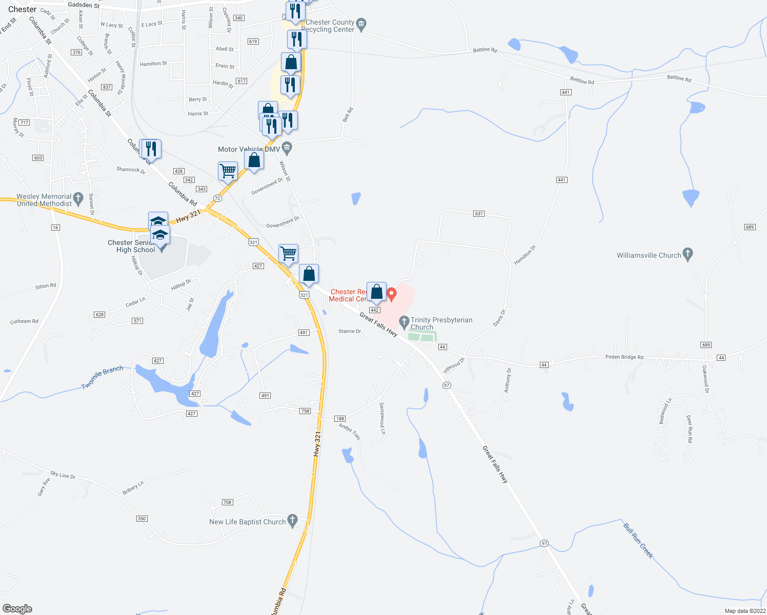 map of restaurants, bars, coffee shops, grocery stores, and more near 1 Medical Park Drive in Chester