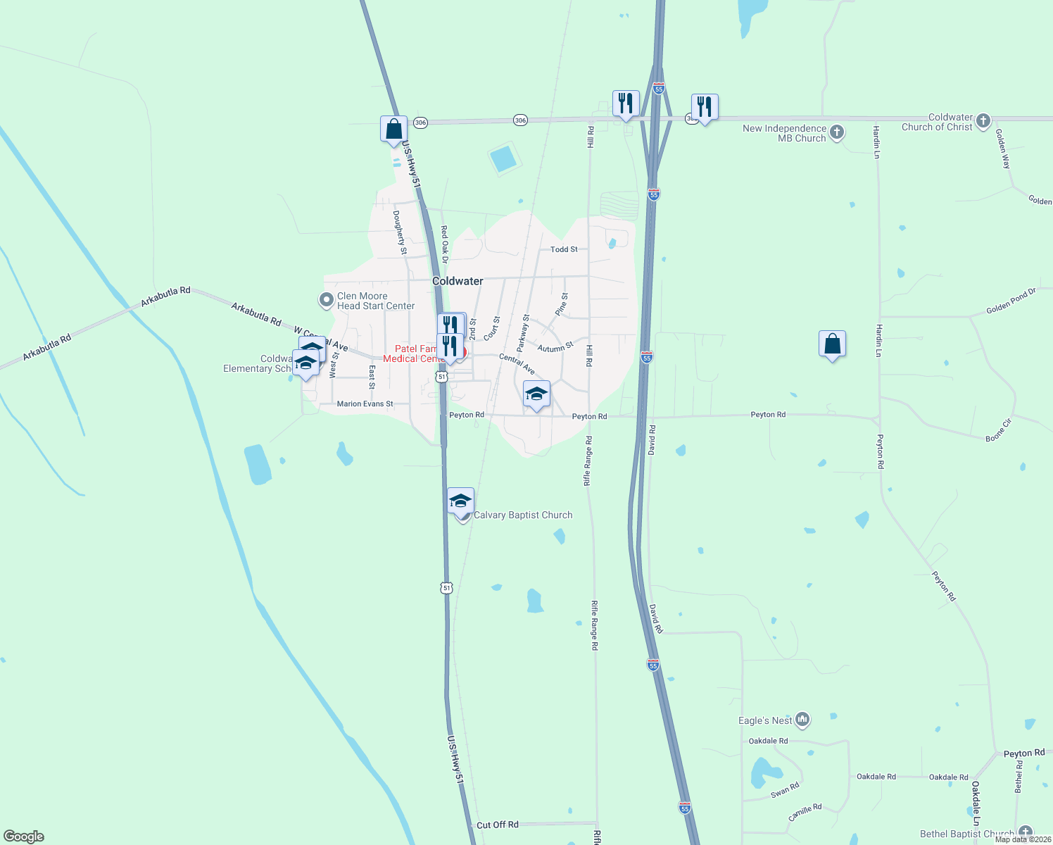 map of restaurants, bars, coffee shops, grocery stores, and more near 282 Peyton Road in Coldwater