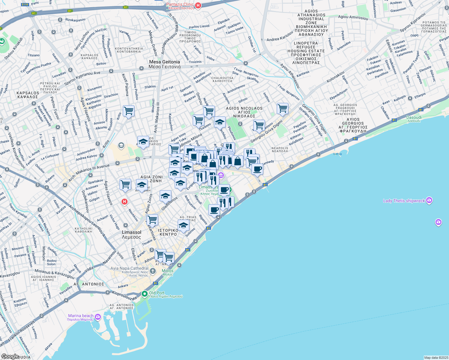 map of restaurants, bars, coffee shops, grocery stores, and more near Anastasi Sikouri in Limassol