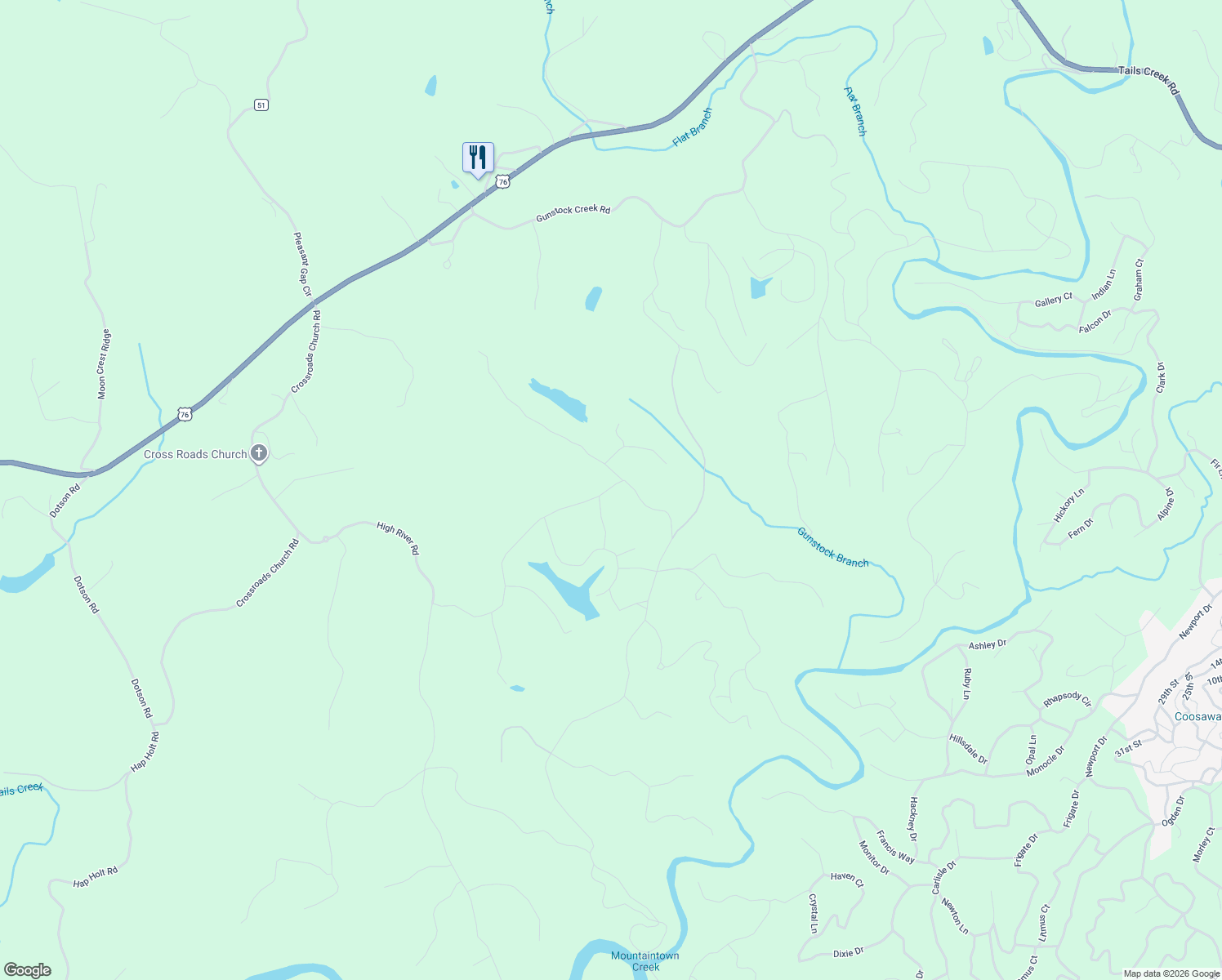 map of restaurants, bars, coffee shops, grocery stores, and more near 40 Heritage Way in Ellijay