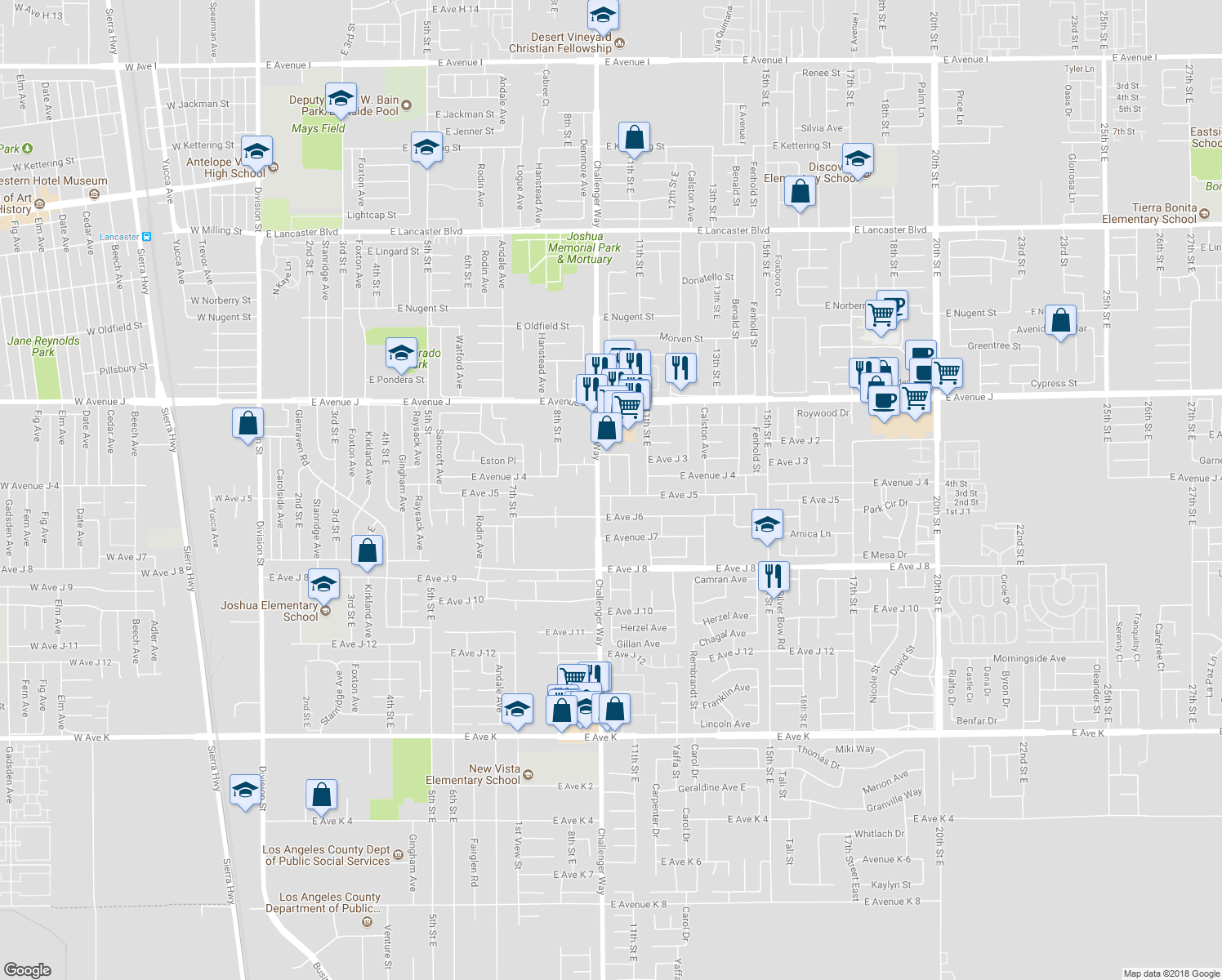 map of restaurants, bars, coffee shops, grocery stores, and more near 1017 East Avenue J5 in Lancaster