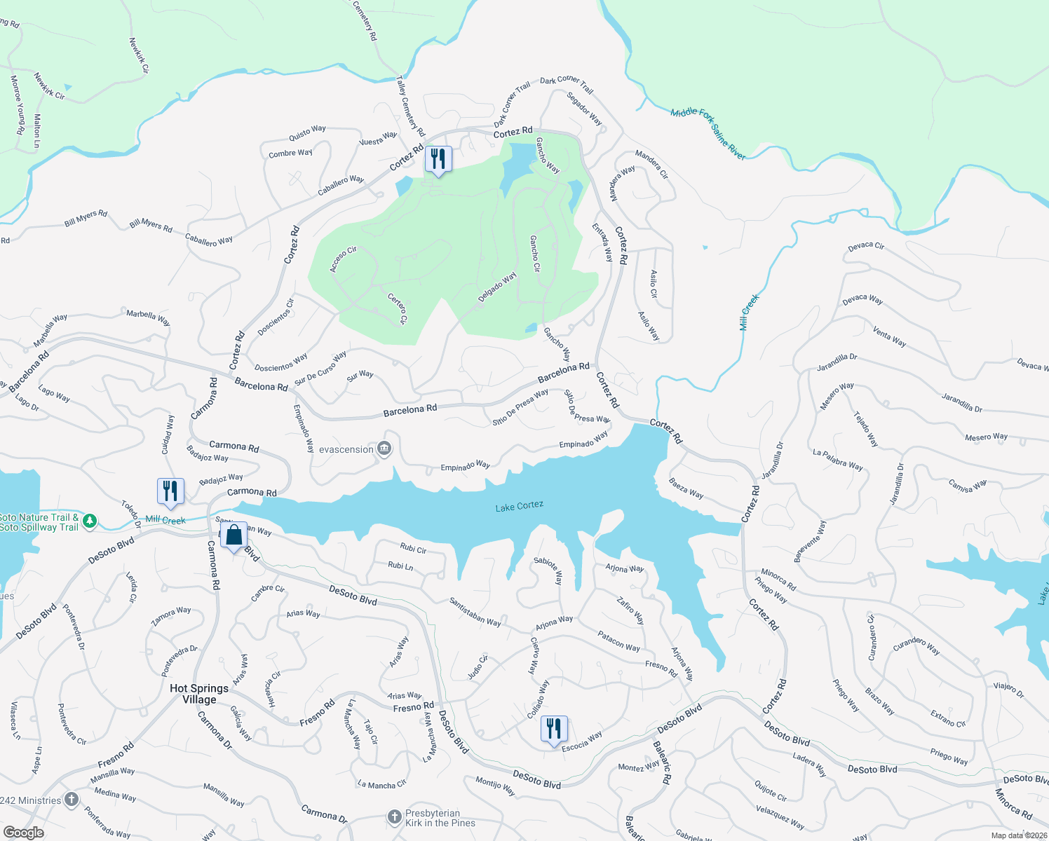 map of restaurants, bars, coffee shops, grocery stores, and more near 178 Empinado Way in Hot Springs Village