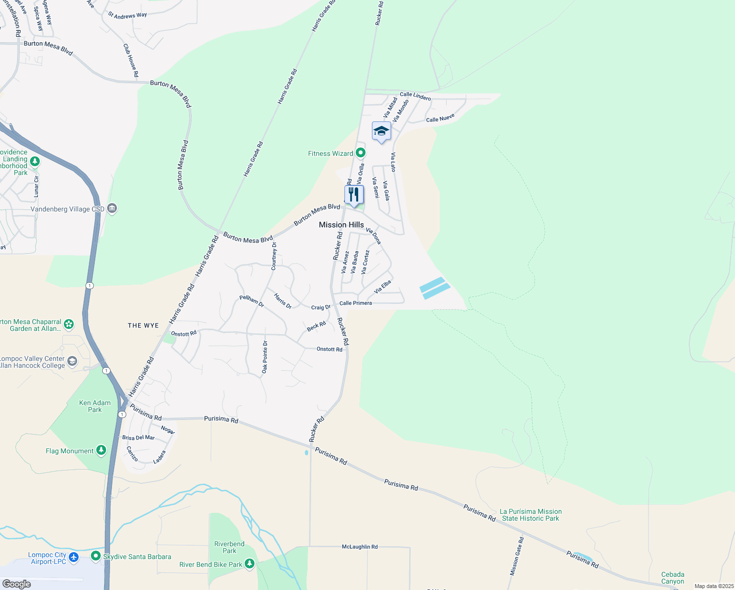 map of restaurants, bars, coffee shops, grocery stores, and more near 3313 Via Elba in Lompoc