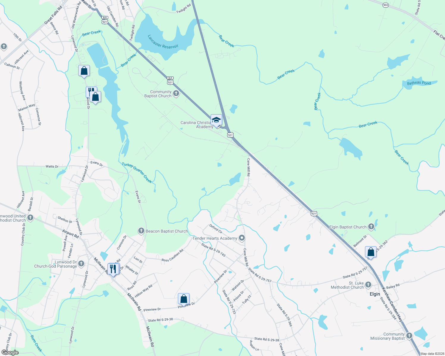 map of restaurants, bars, coffee shops, grocery stores, and more near 2010 Cane Mill Road in Lancaster