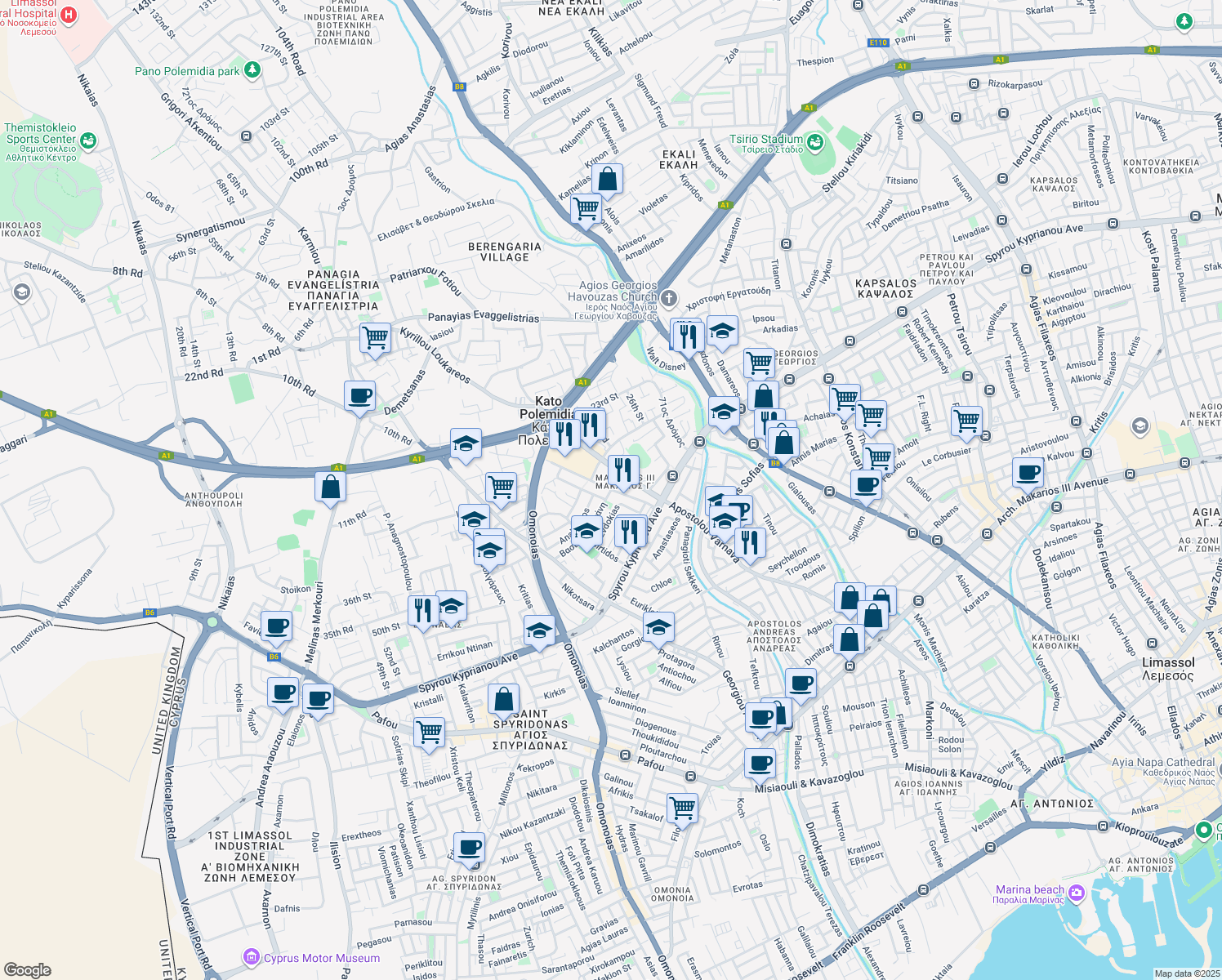 map of restaurants, bars, coffee shops, grocery stores, and more near Katsantonaion in Kato Polemidia