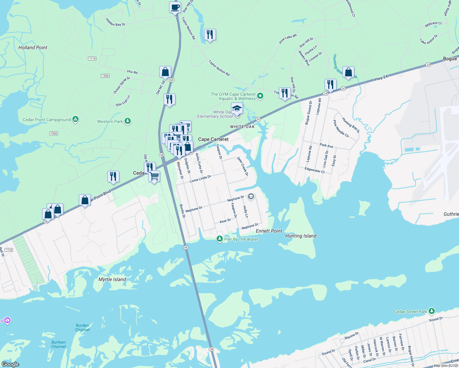 map of restaurants, bars, coffee shops, grocery stores, and more near 515 Deer Creek Dr in Cape Carteret
