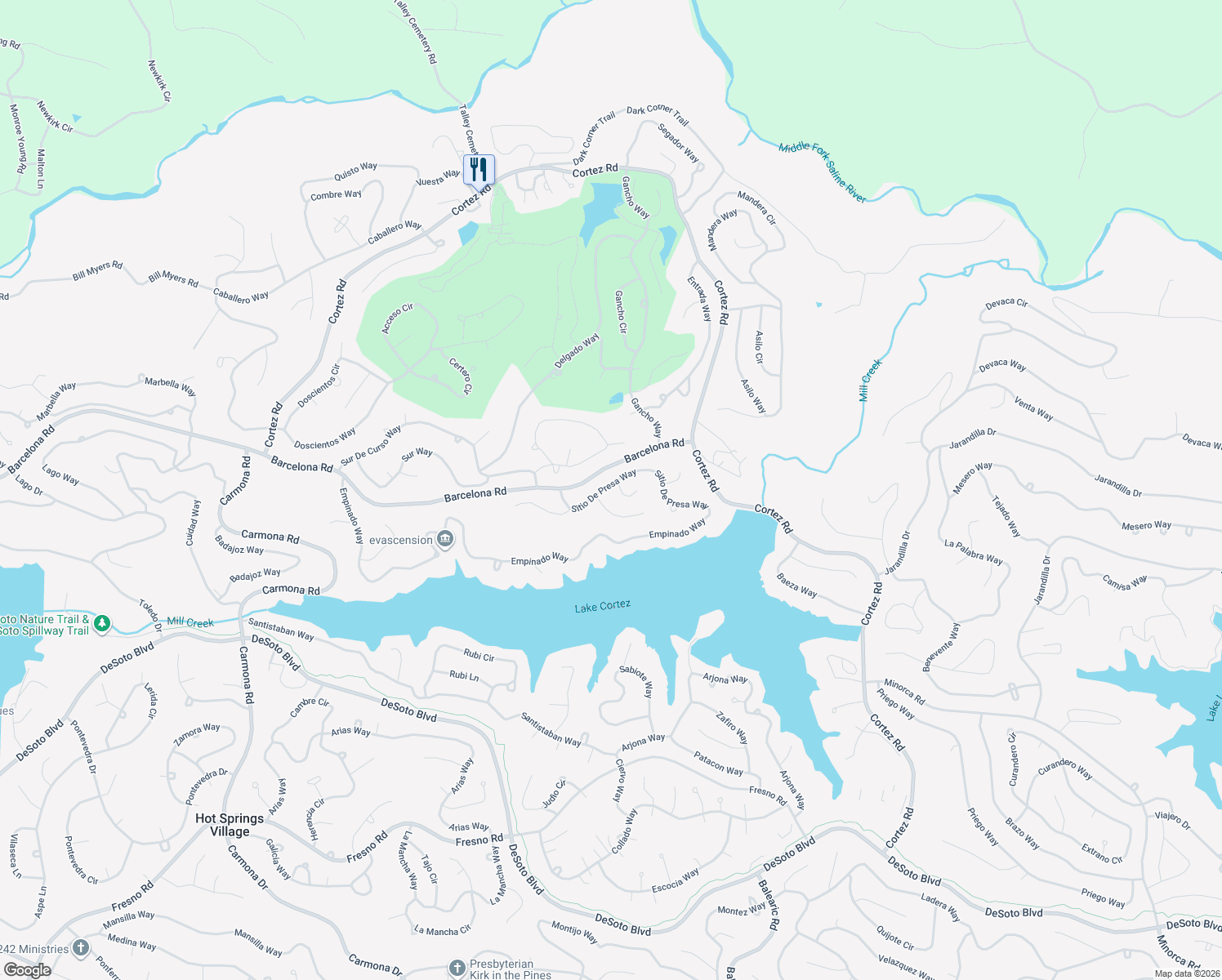 map of restaurants, bars, coffee shops, grocery stores, and more near 178 Empinado Way in Hot Springs Village