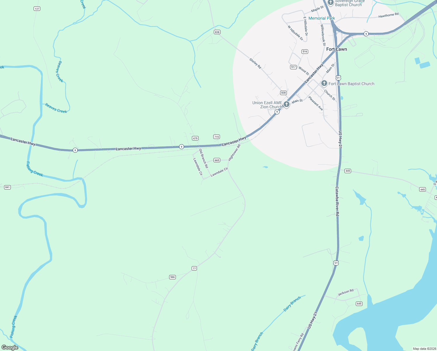 map of restaurants, bars, coffee shops, grocery stores, and more near 727 Lawndale Circle in Fort Lawn