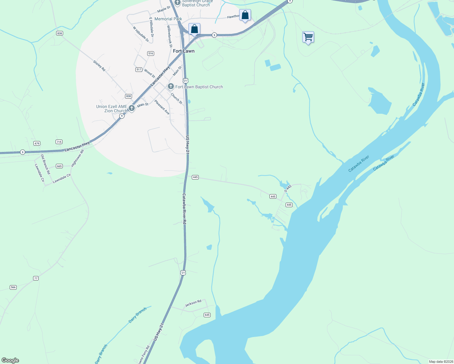 map of restaurants, bars, coffee shops, grocery stores, and more near 785 Busters Landing Road in Fort Lawn