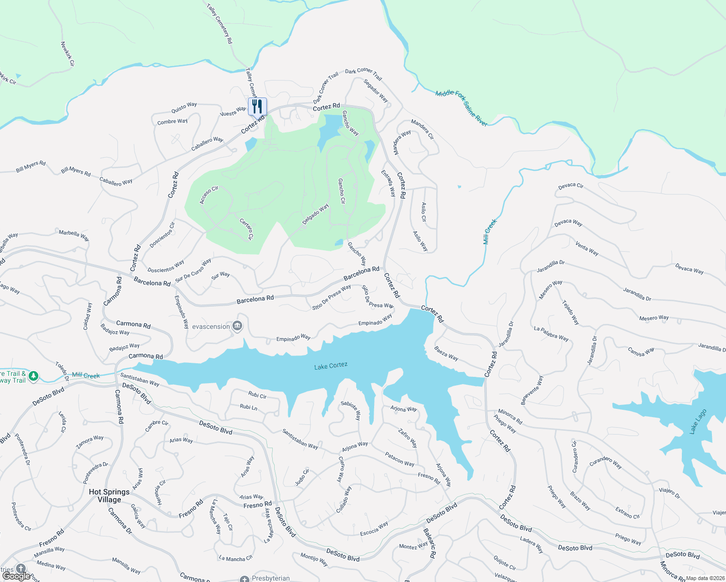 map of restaurants, bars, coffee shops, grocery stores, and more near 156 Empinado Way in Hot Springs