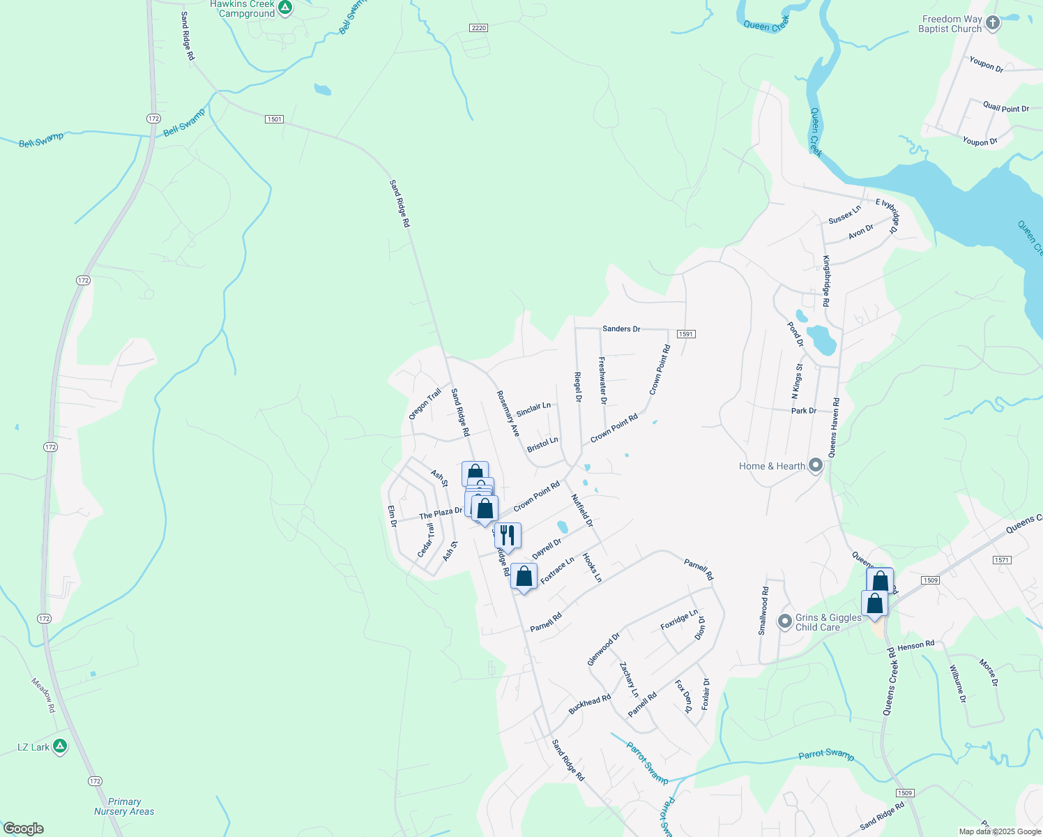 map of restaurants, bars, coffee shops, grocery stores, and more near 302 Sinclair Lane in Hubert