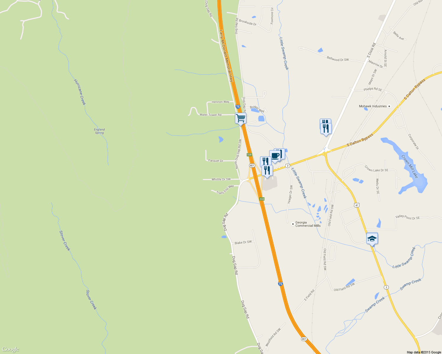 map of restaurants, bars, coffee shops, grocery stores, and more near 1138 Whittle Drive Southwest in Dalton