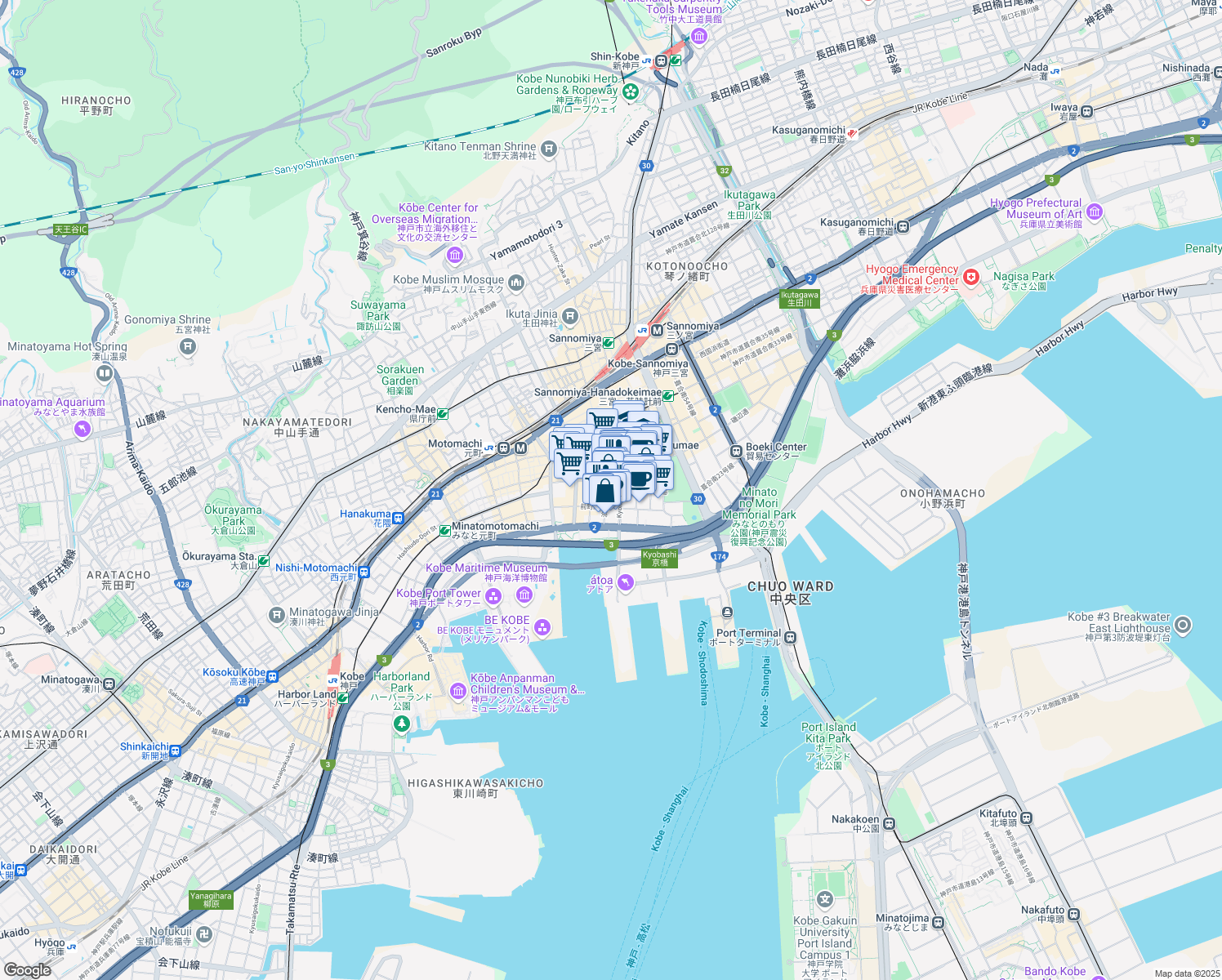 map of restaurants, bars, coffee shops, grocery stores, and more near in Kobe
