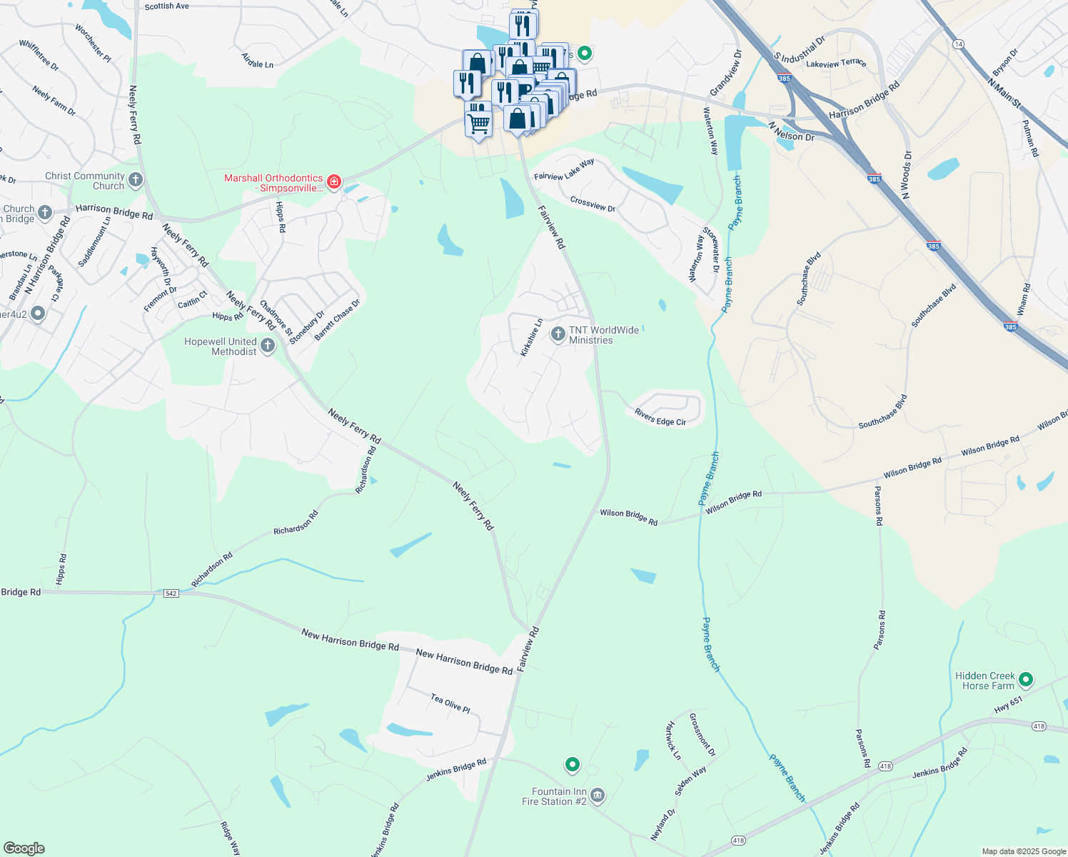 map of restaurants, bars, coffee shops, grocery stores, and more near 503 Blue Sage Place in Simpsonville