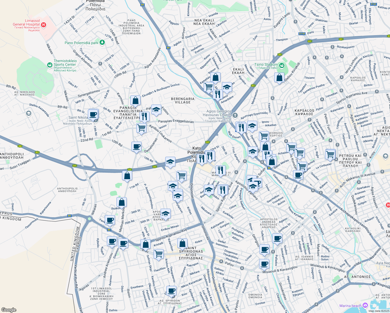 map of restaurants, bars, coffee shops, grocery stores, and more near Polemidion Roundabout in Kato Polemidia
