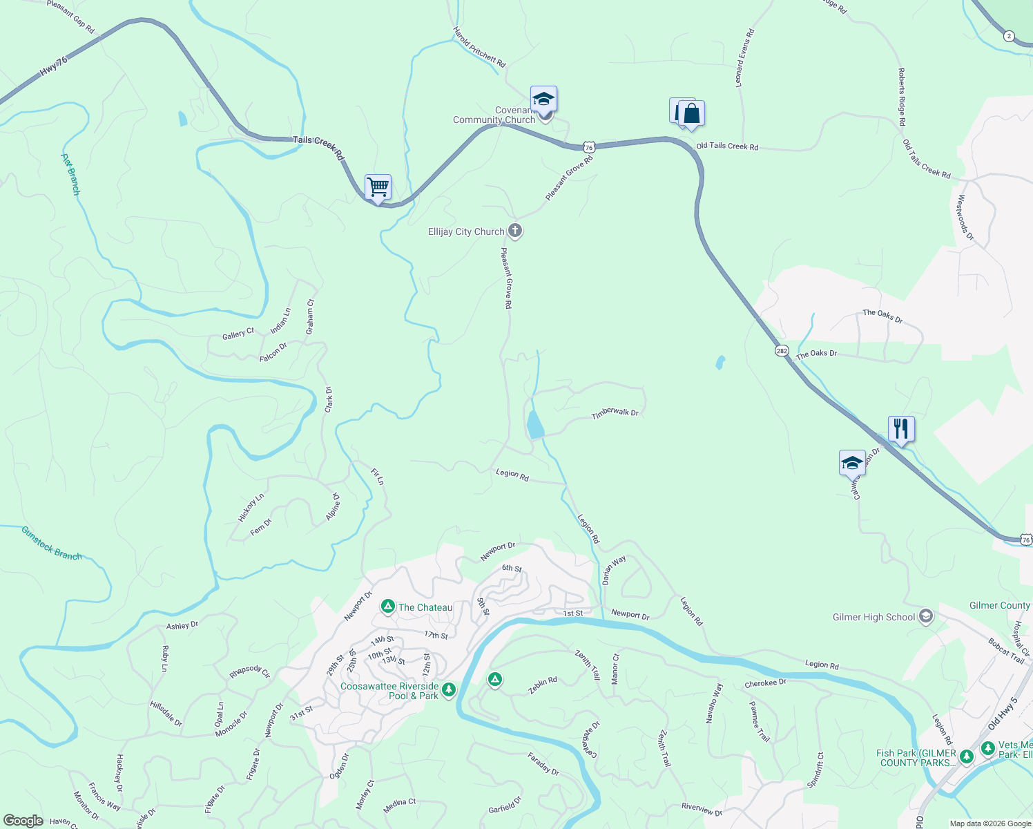 map of restaurants, bars, coffee shops, grocery stores, and more near Pleasant Grove Road in Ellijay